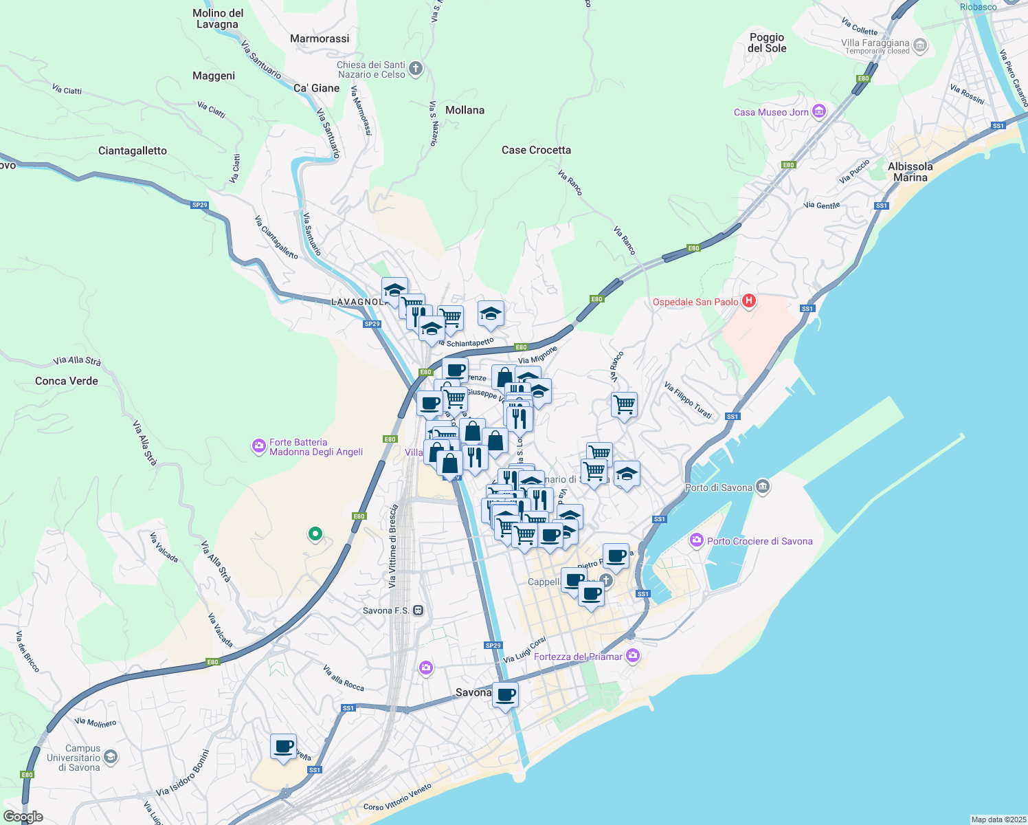 map of restaurants, bars, coffee shops, grocery stores, and more near 23 Via Milano in Savona