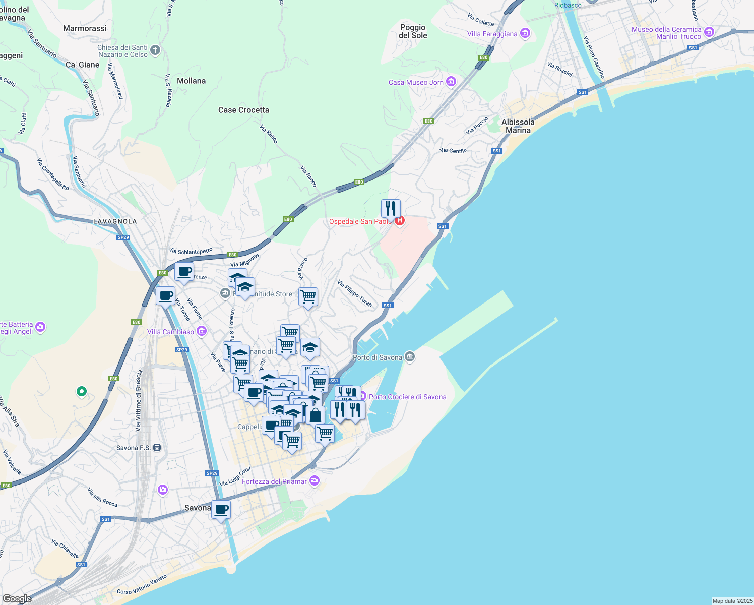 map of restaurants, bars, coffee shops, grocery stores, and more near 25 Via Ignazio Scotto in Savona