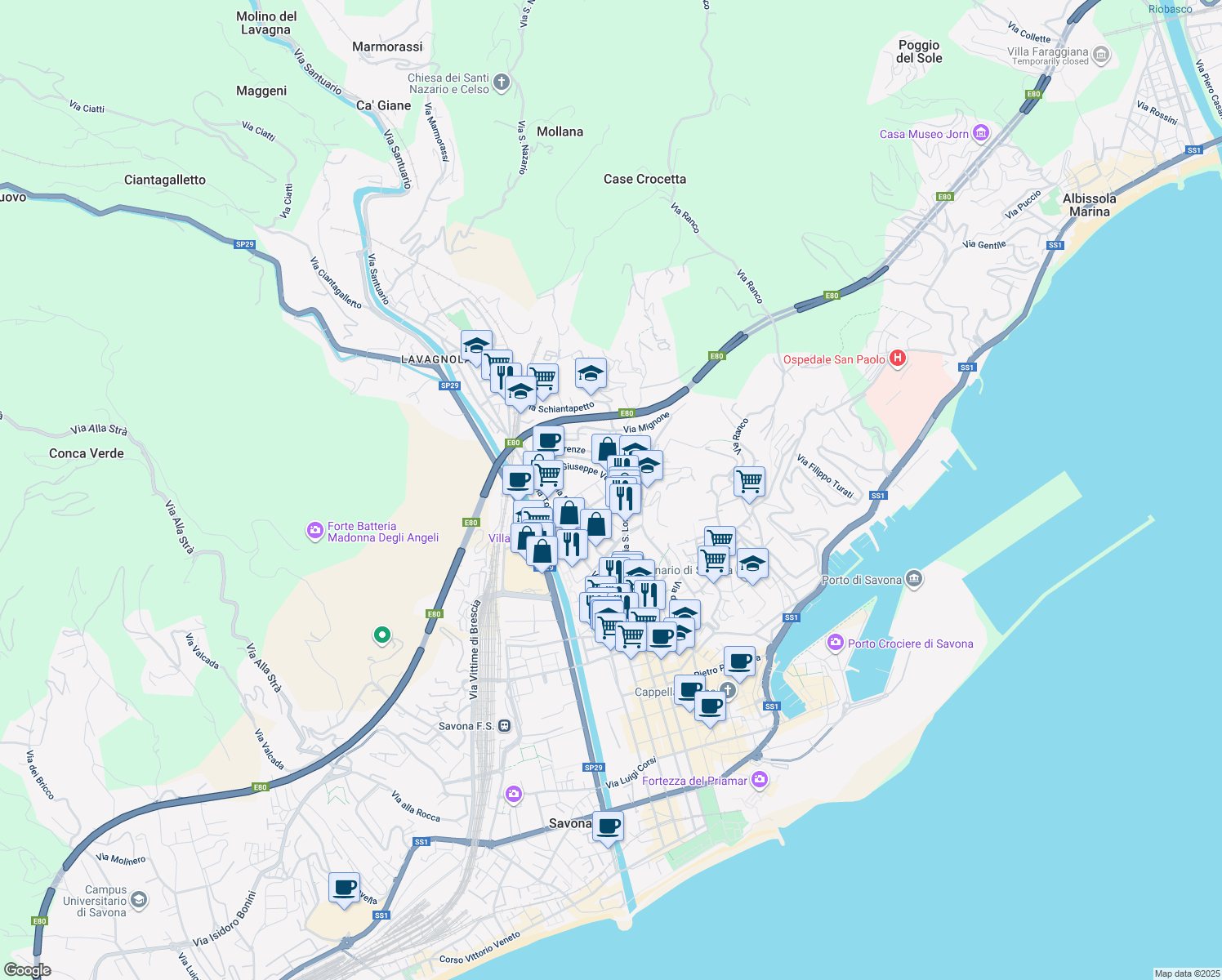 map of restaurants, bars, coffee shops, grocery stores, and more near 23 Via Milano in Savona