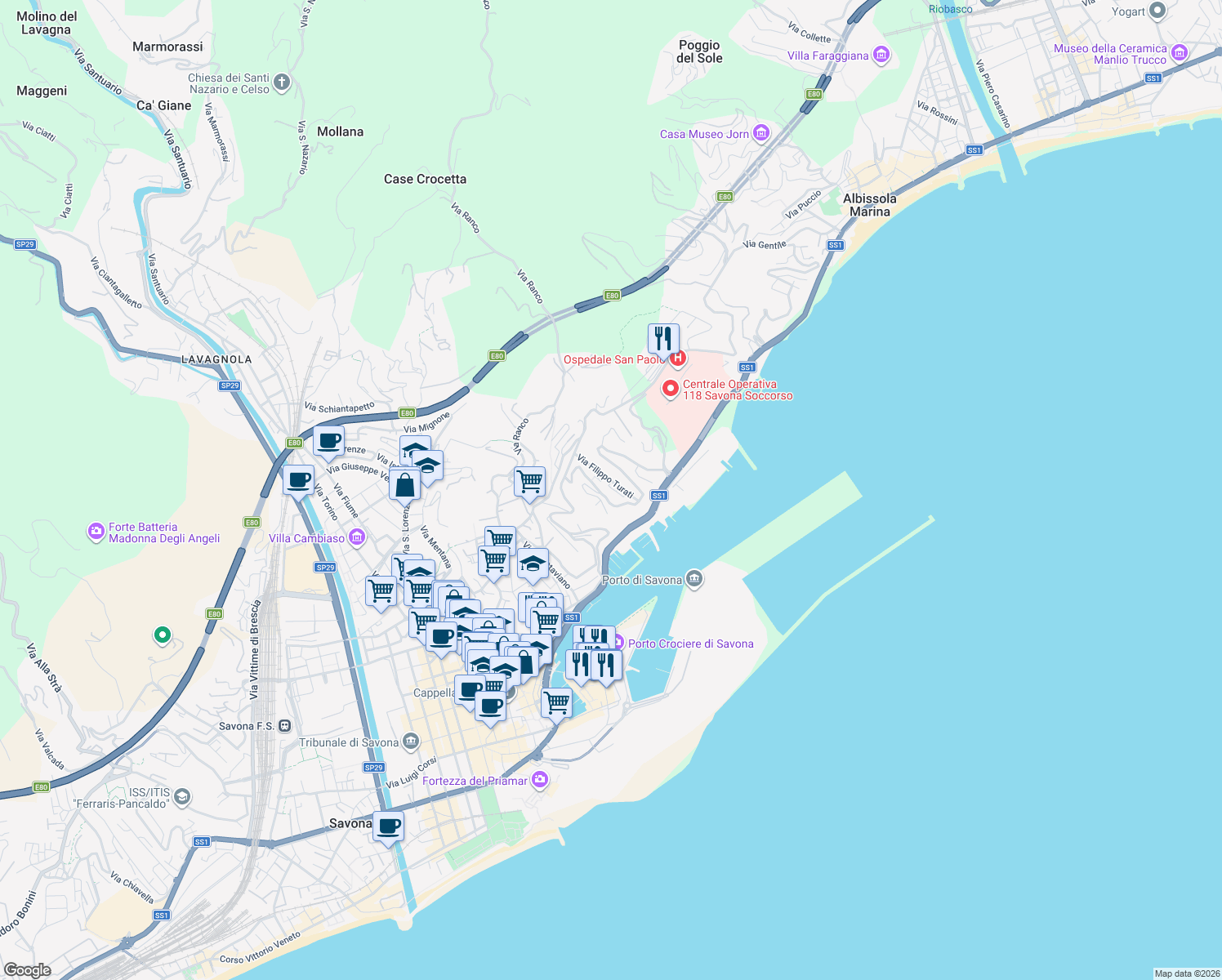 map of restaurants, bars, coffee shops, grocery stores, and more near 7 Via Filippo Turati in Savona