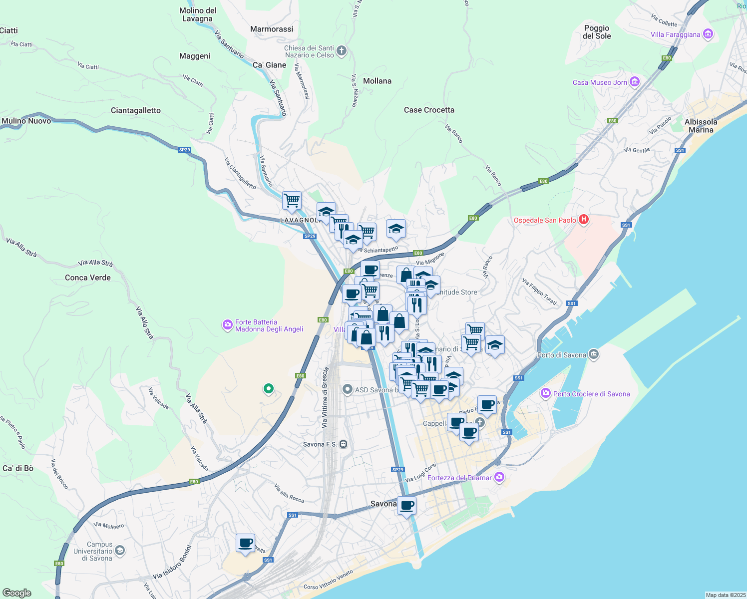 map of restaurants, bars, coffee shops, grocery stores, and more near 19 Via Amalfi in Savona