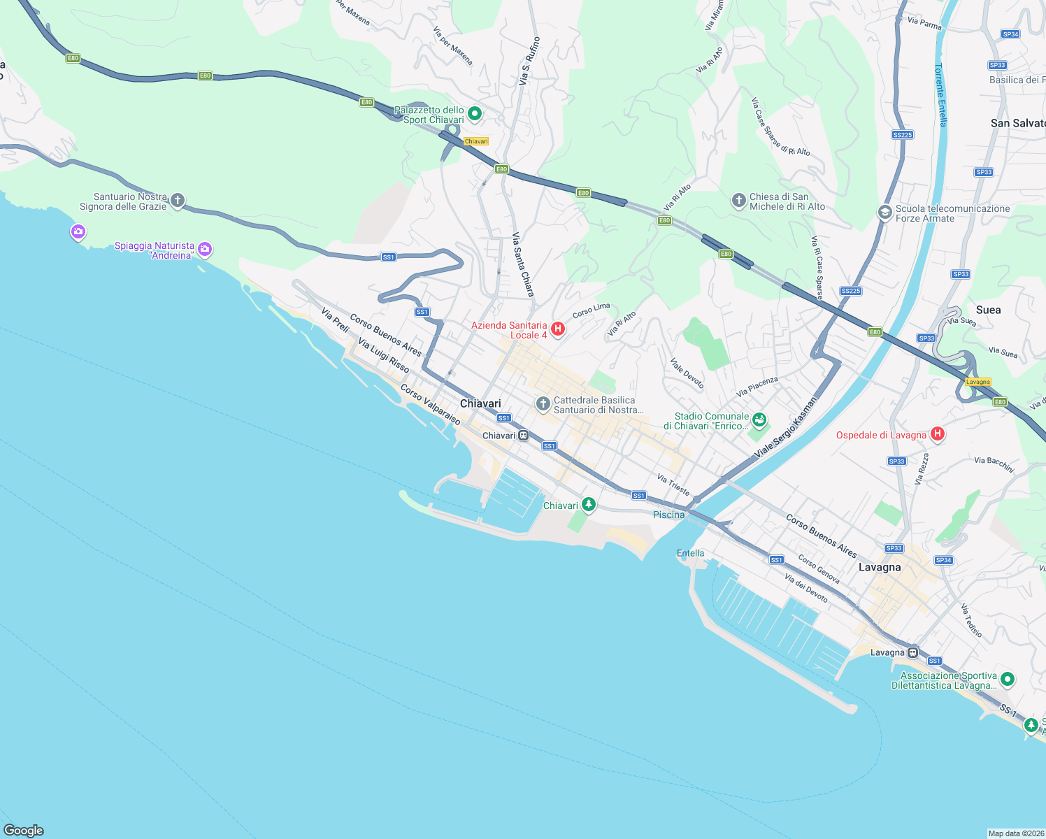 map of restaurants, bars, coffee shops, grocery stores, and more near 1 Via Privata Nostra Signora dell'Orto in Chiavari