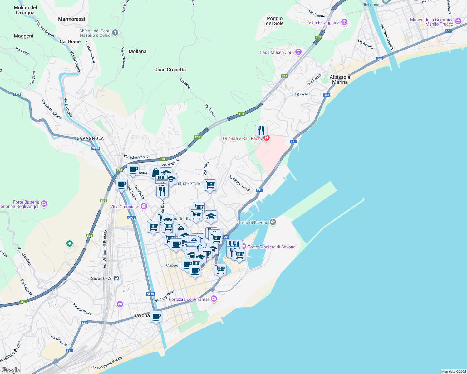 map of restaurants, bars, coffee shops, grocery stores, and more near 35 R Via Filippo Turati in Savona