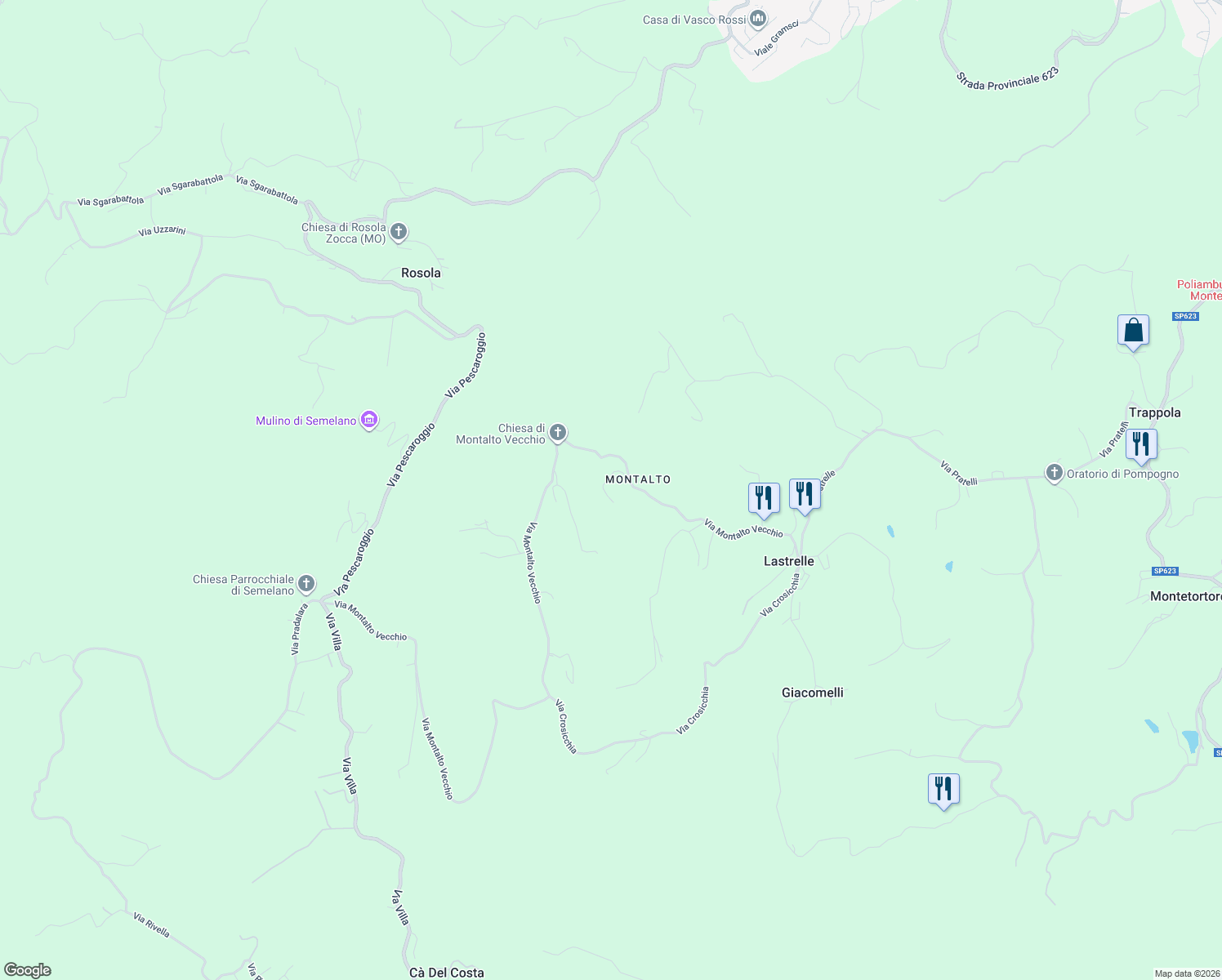 map of restaurants, bars, coffee shops, grocery stores, and more near 801 Via Montalto Vecchio in Provincia di Modena