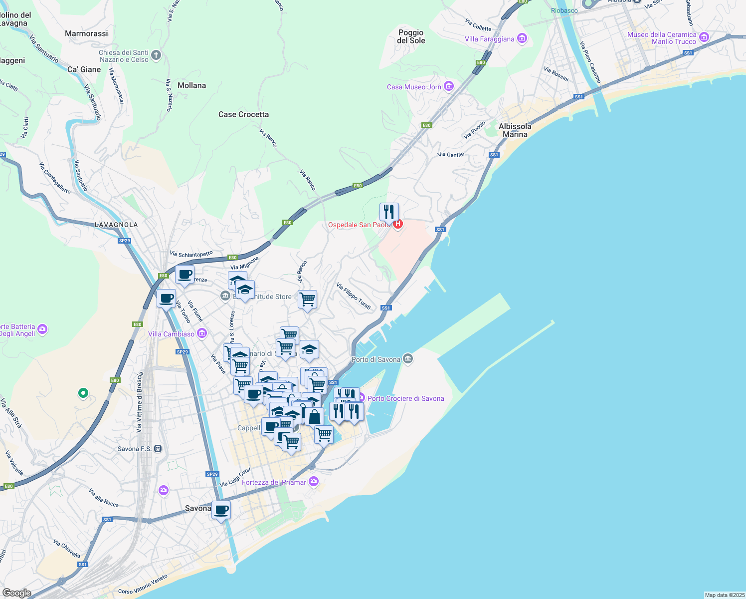 map of restaurants, bars, coffee shops, grocery stores, and more near 25 Via Ignazio Scotto in Savona