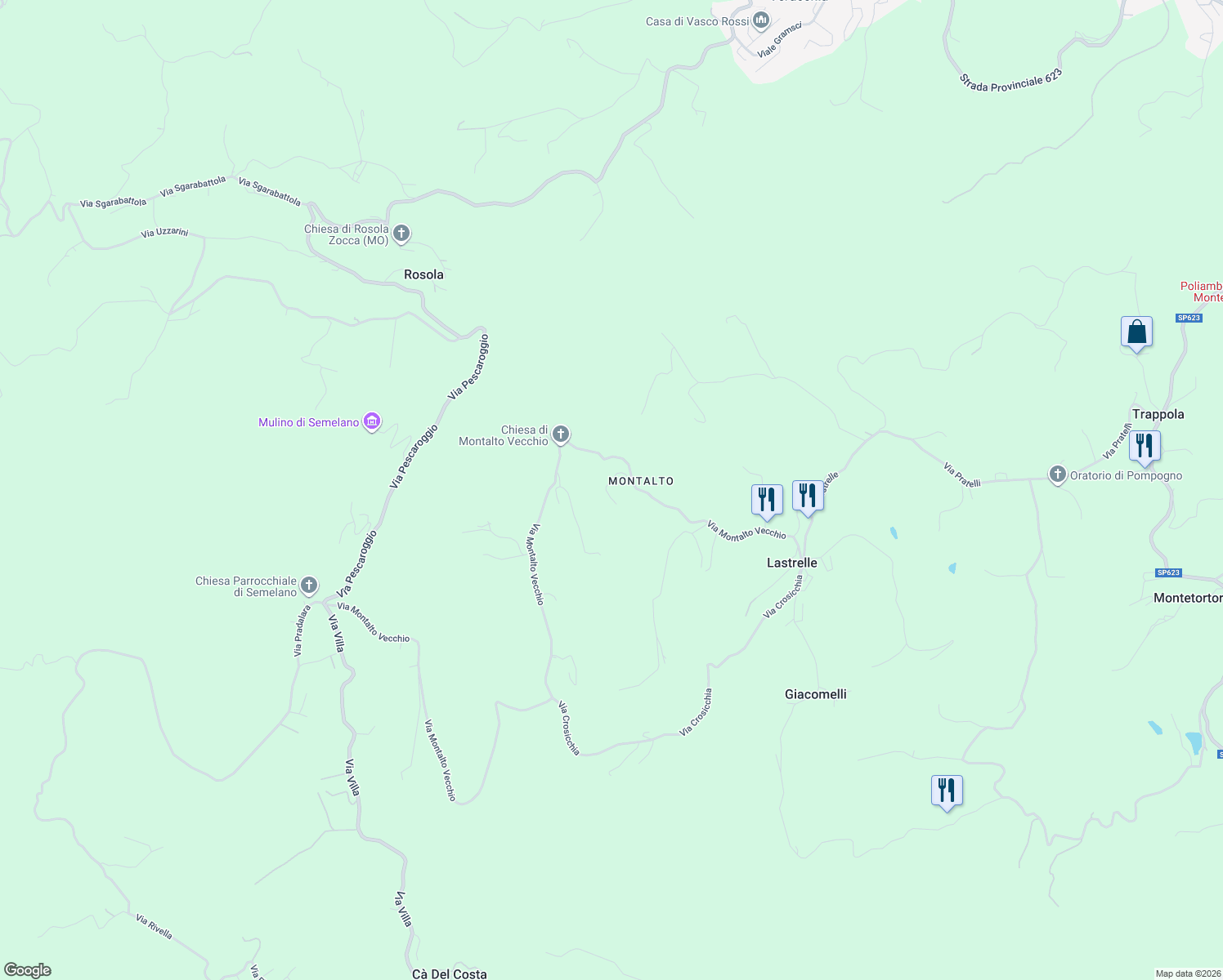 map of restaurants, bars, coffee shops, grocery stores, and more near 801 Via Montalto Vecchio in Provincia di Modena