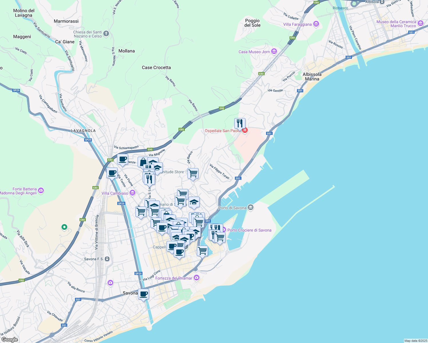 map of restaurants, bars, coffee shops, grocery stores, and more near 35 R Via Filippo Turati in Savona