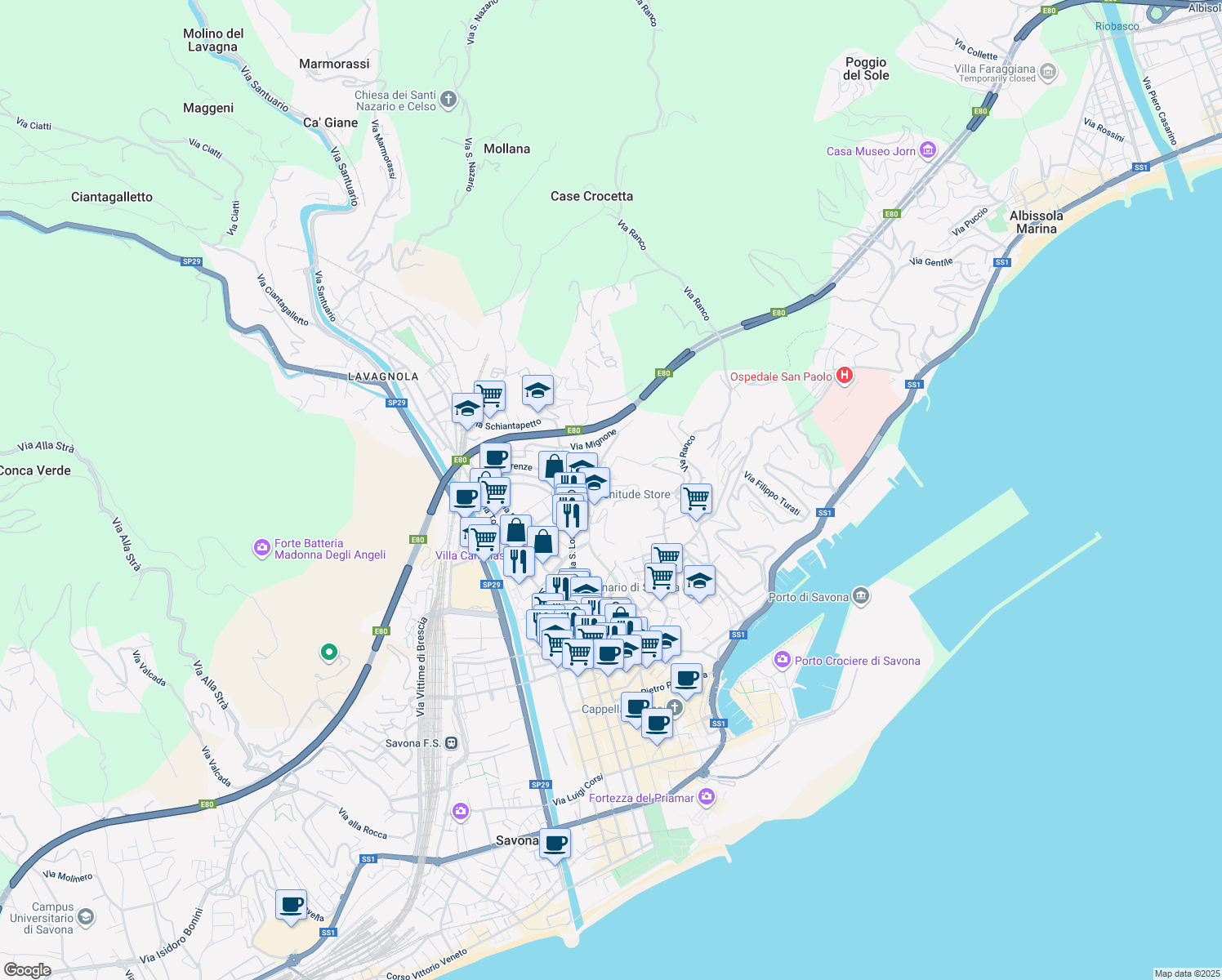 map of restaurants, bars, coffee shops, grocery stores, and more near 28 Via Filippo Corridoni in Savona