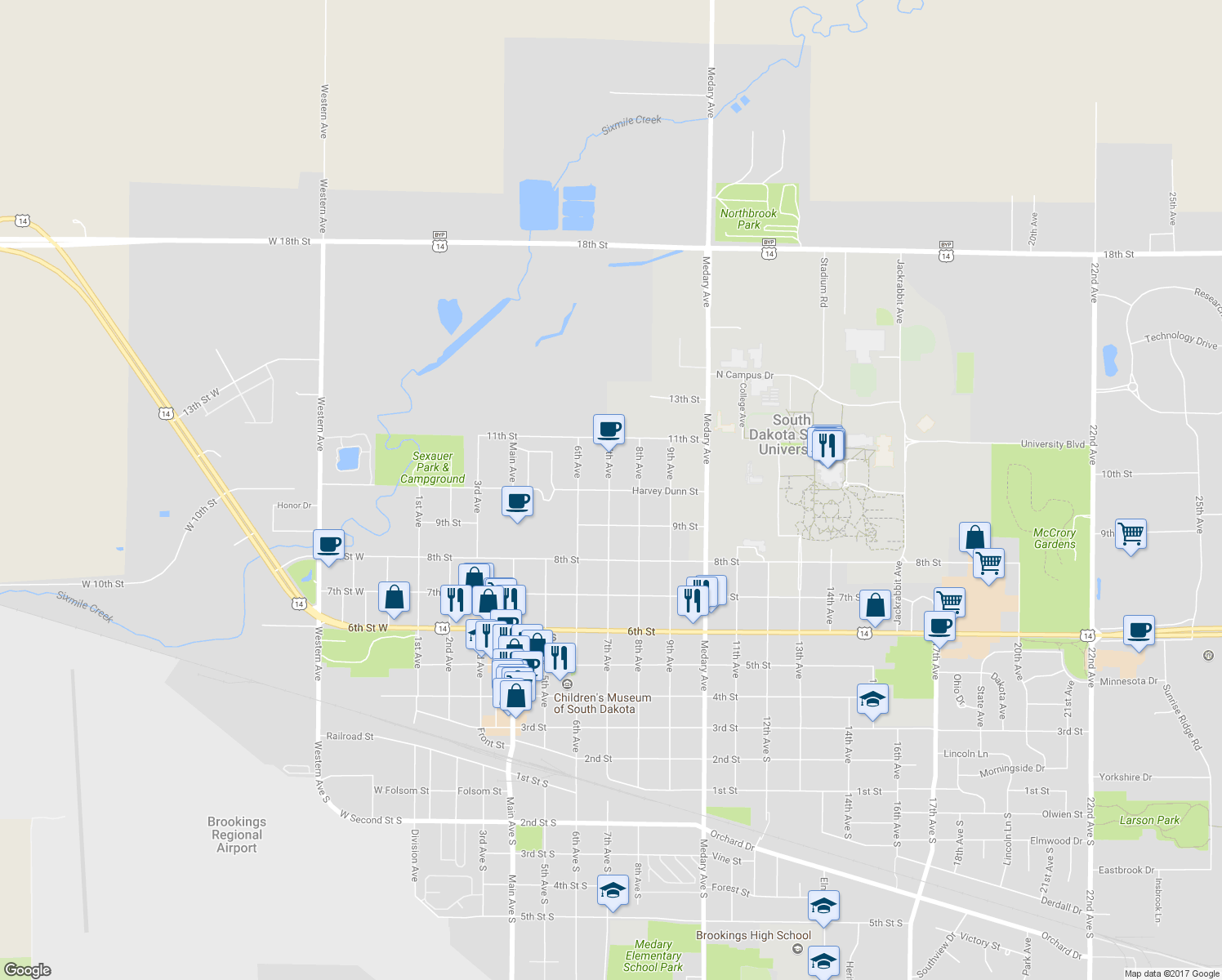 map of restaurants, bars, coffee shops, grocery stores, and more near 705 Harvey Dunn Street in Brookings