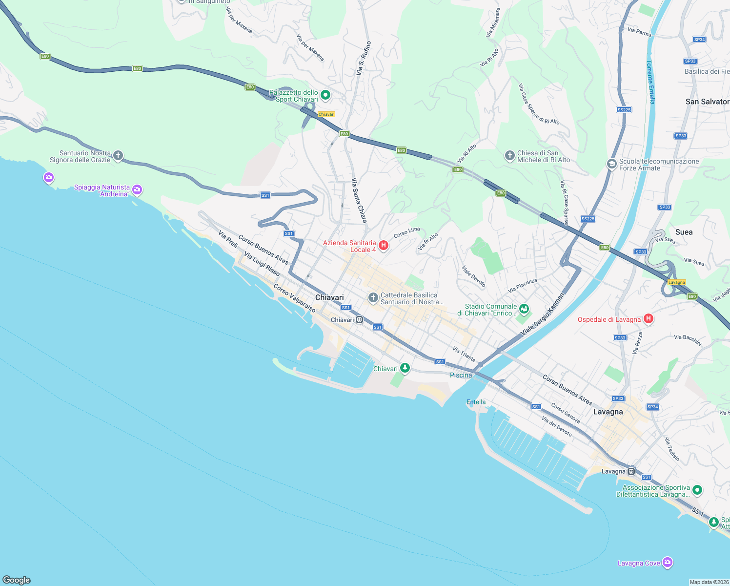 map of restaurants, bars, coffee shops, grocery stores, and more near 42 Viale Nicola Arata in Chiavari