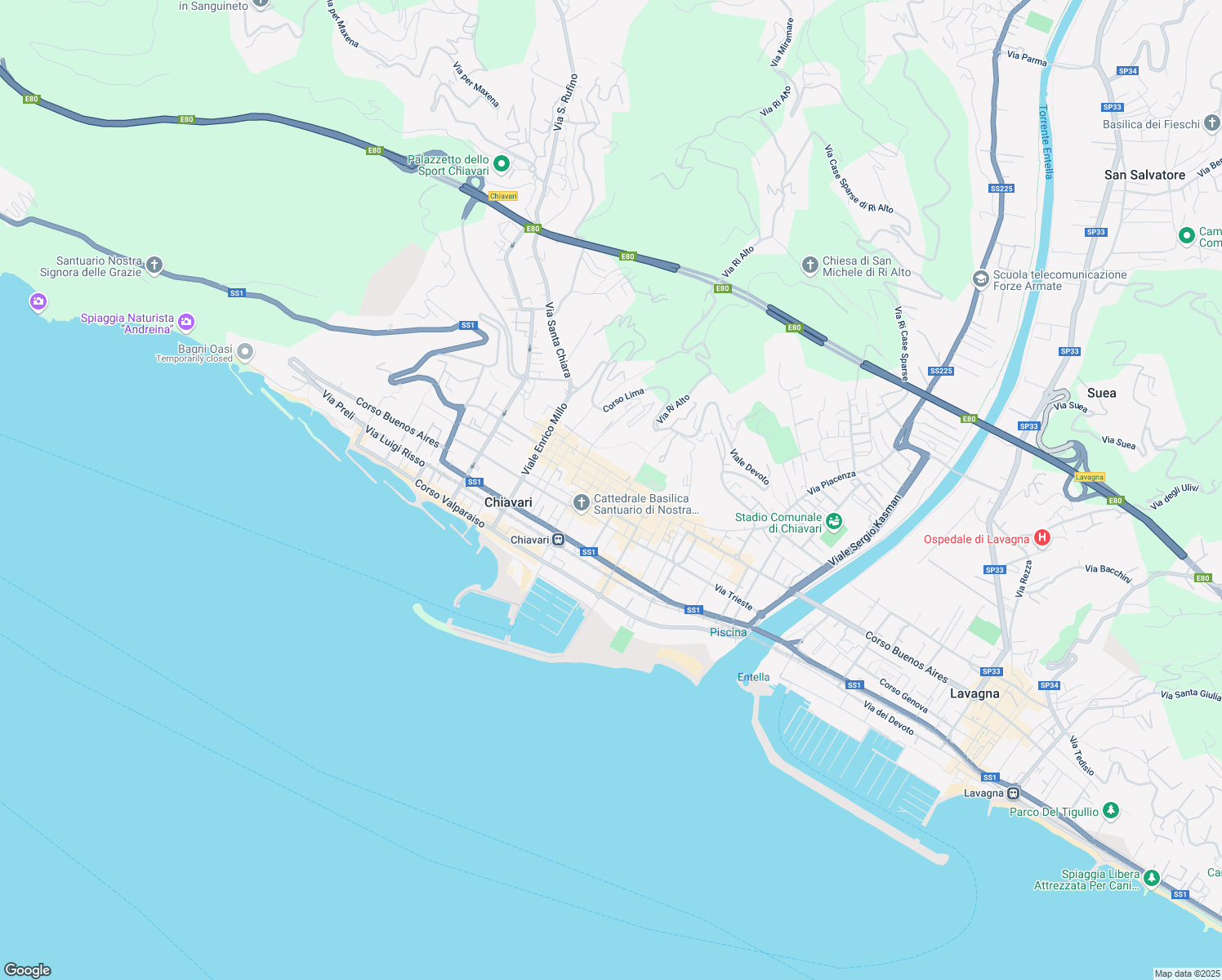 map of restaurants, bars, coffee shops, grocery stores, and more near 87 Via Martiri della Liberazione in Chiavari