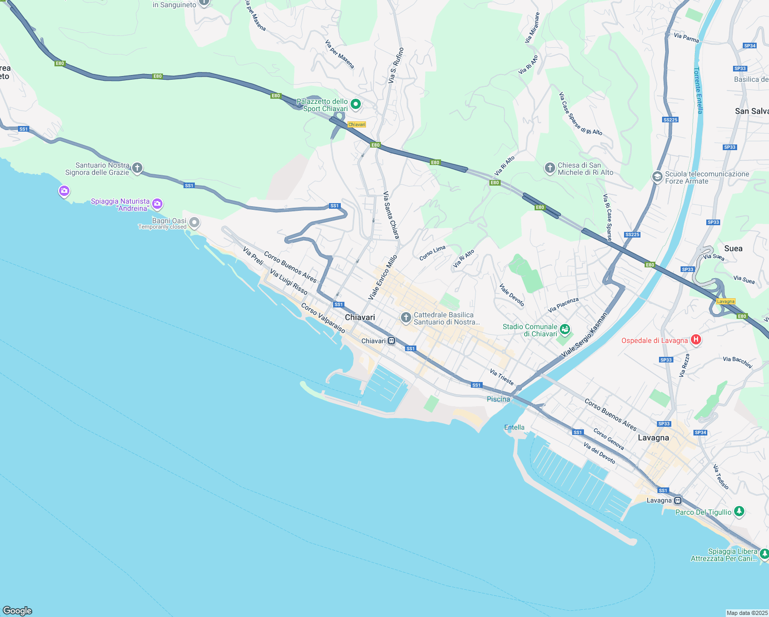 map of restaurants, bars, coffee shops, grocery stores, and more near 42 Viale Nicola Arata in Chiavari