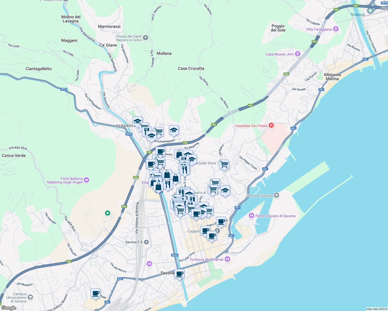 map of restaurants, bars, coffee shops, grocery stores, and more near Via Giobatta Cassinis in Savona