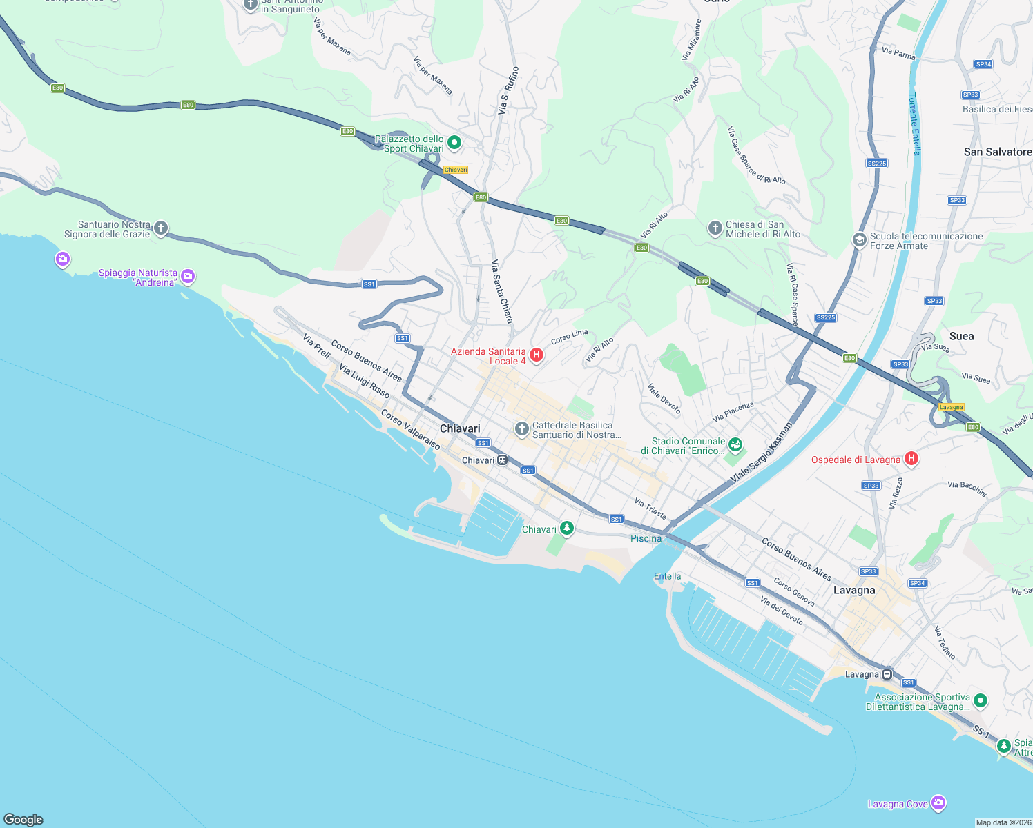 map of restaurants, bars, coffee shops, grocery stores, and more near 2 Via Doria in Chiavari