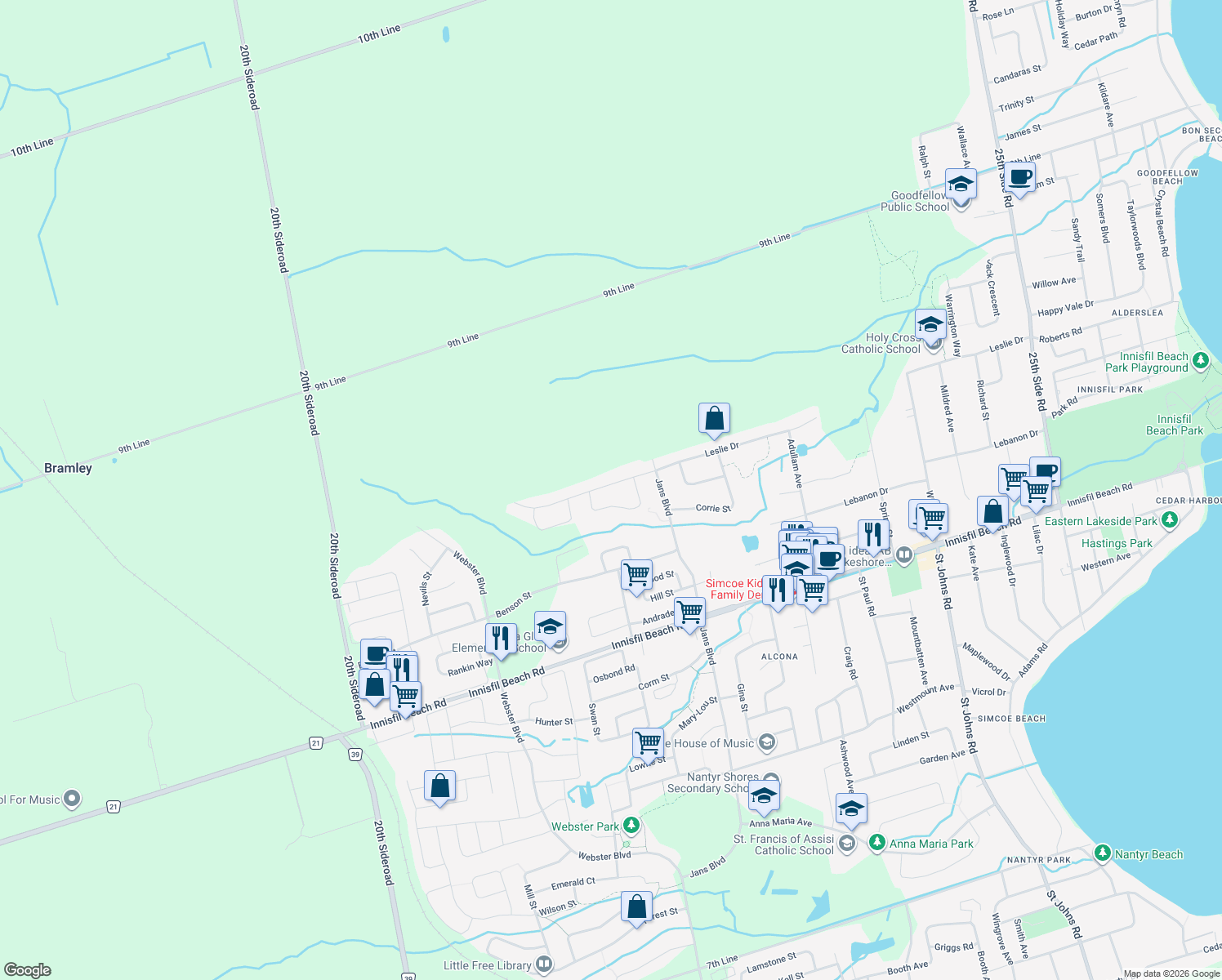 map of restaurants, bars, coffee shops, grocery stores, and more near 1187 Leslie Drive in Innisfil