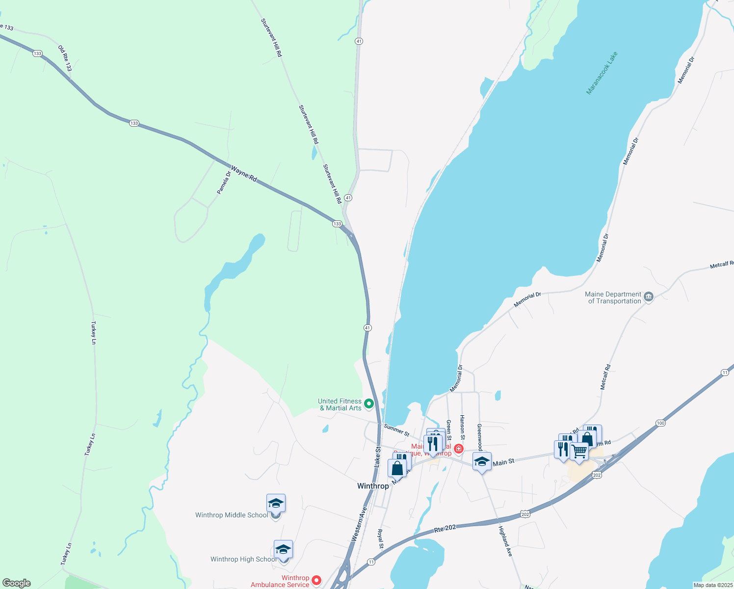 map of restaurants, bars, coffee shops, grocery stores, and more near 283 Maine 133 in Winthrop