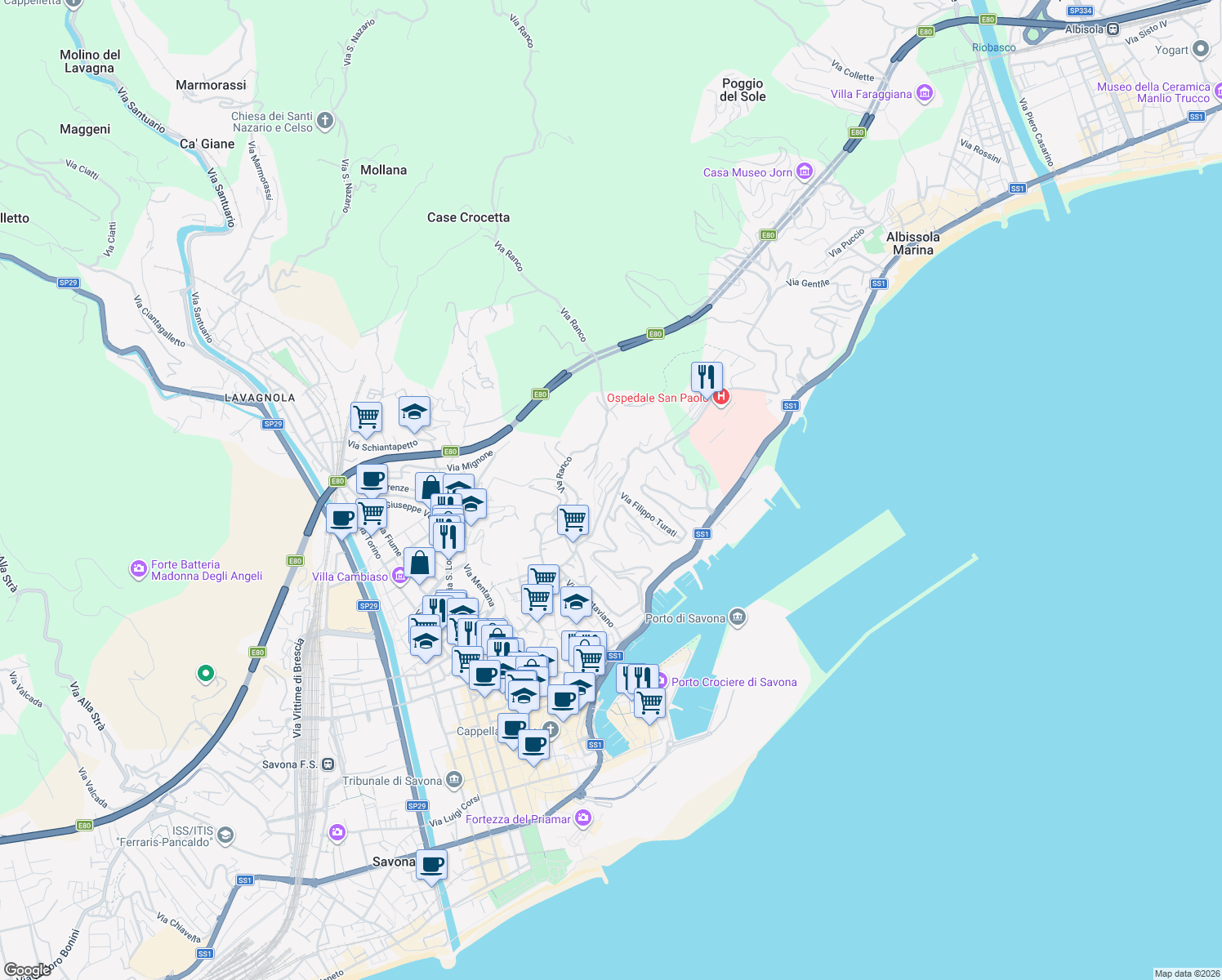 map of restaurants, bars, coffee shops, grocery stores, and more near 7 Via Visca Angelo in Savona