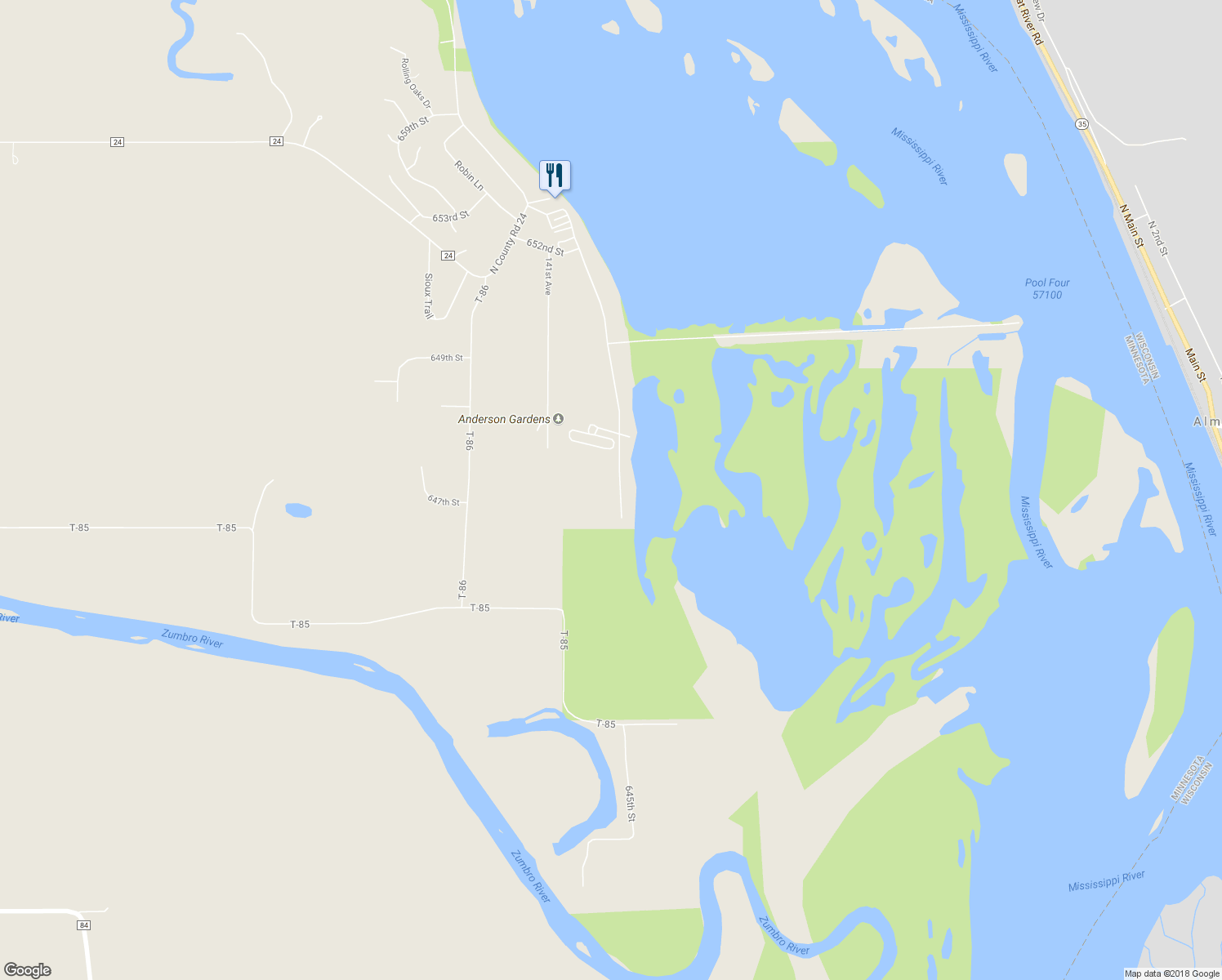 map of restaurants, bars, coffee shops, grocery stores, and more near 64589 140th Avenue in Wabasha