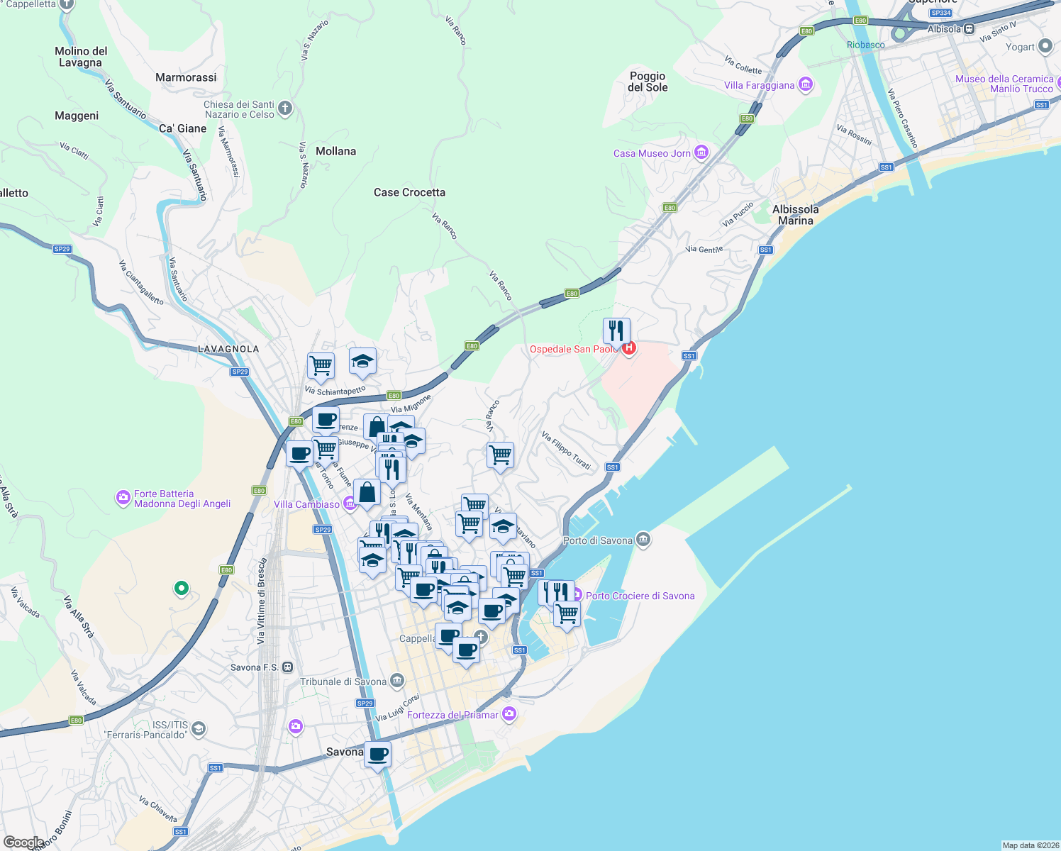 map of restaurants, bars, coffee shops, grocery stores, and more near 7 Via Visca Angelo in Savona