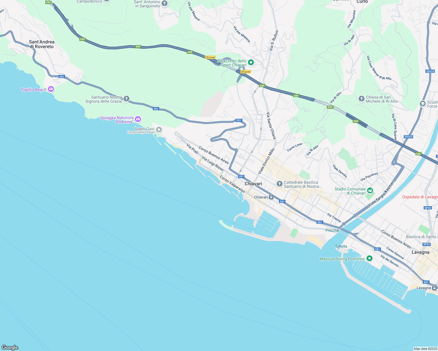 map of restaurants, bars, coffee shops, grocery stores, and more near 124A Corso Valparaiso in Chiavari