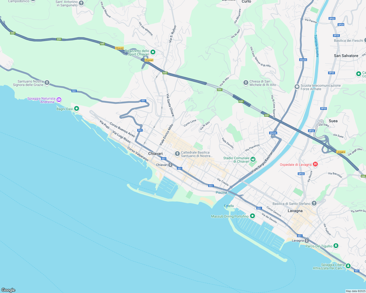 map of restaurants, bars, coffee shops, grocery stores, and more near 87 Via Martiri della Liberazione in Chiavari