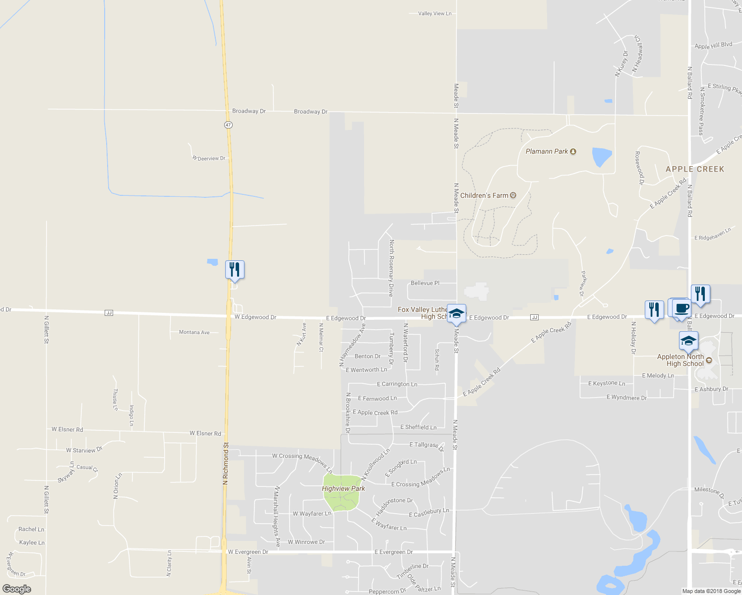 map of restaurants, bars, coffee shops, grocery stores, and more near 235 East Clearwater Drive in Appleton