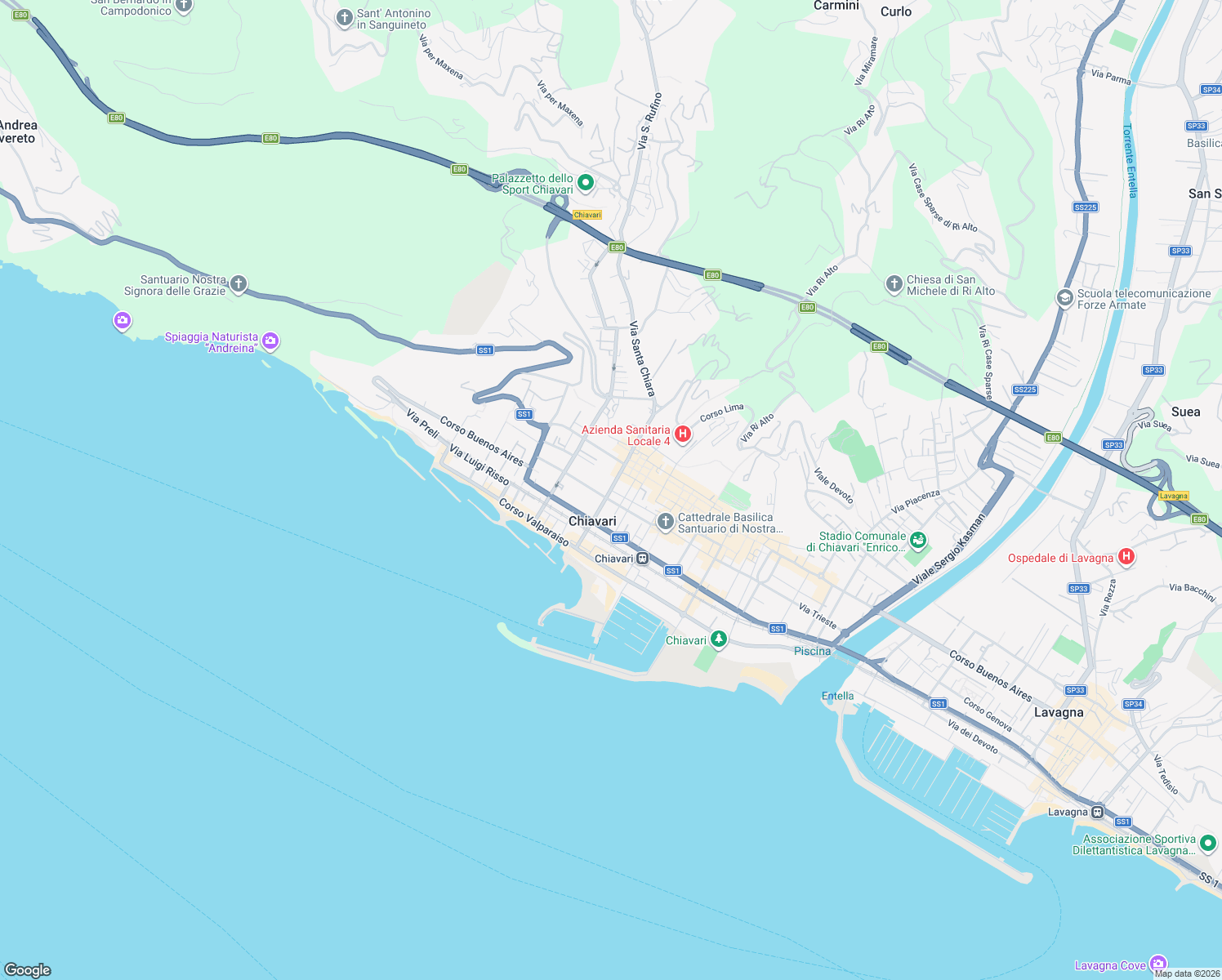 map of restaurants, bars, coffee shops, grocery stores, and more near in Chiavari