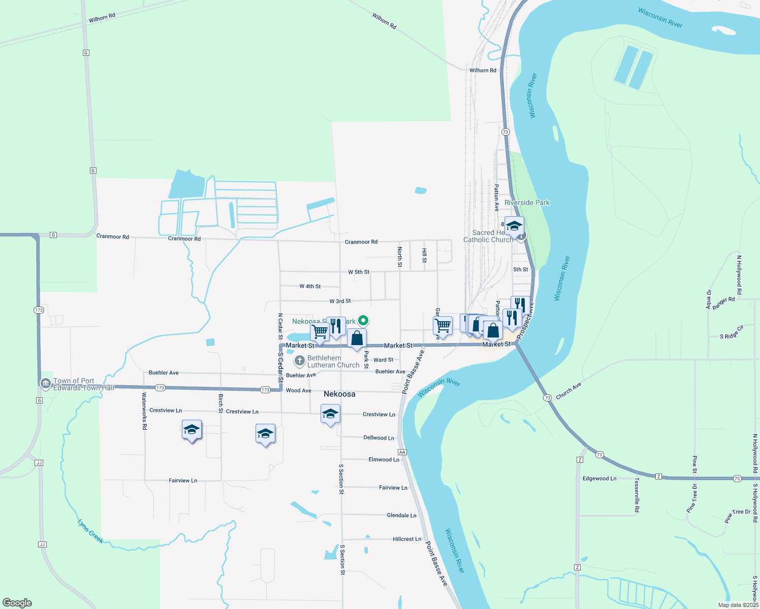 map of restaurants, bars, coffee shops, grocery stores, and more near 915 West 3rd Street in Nekoosa