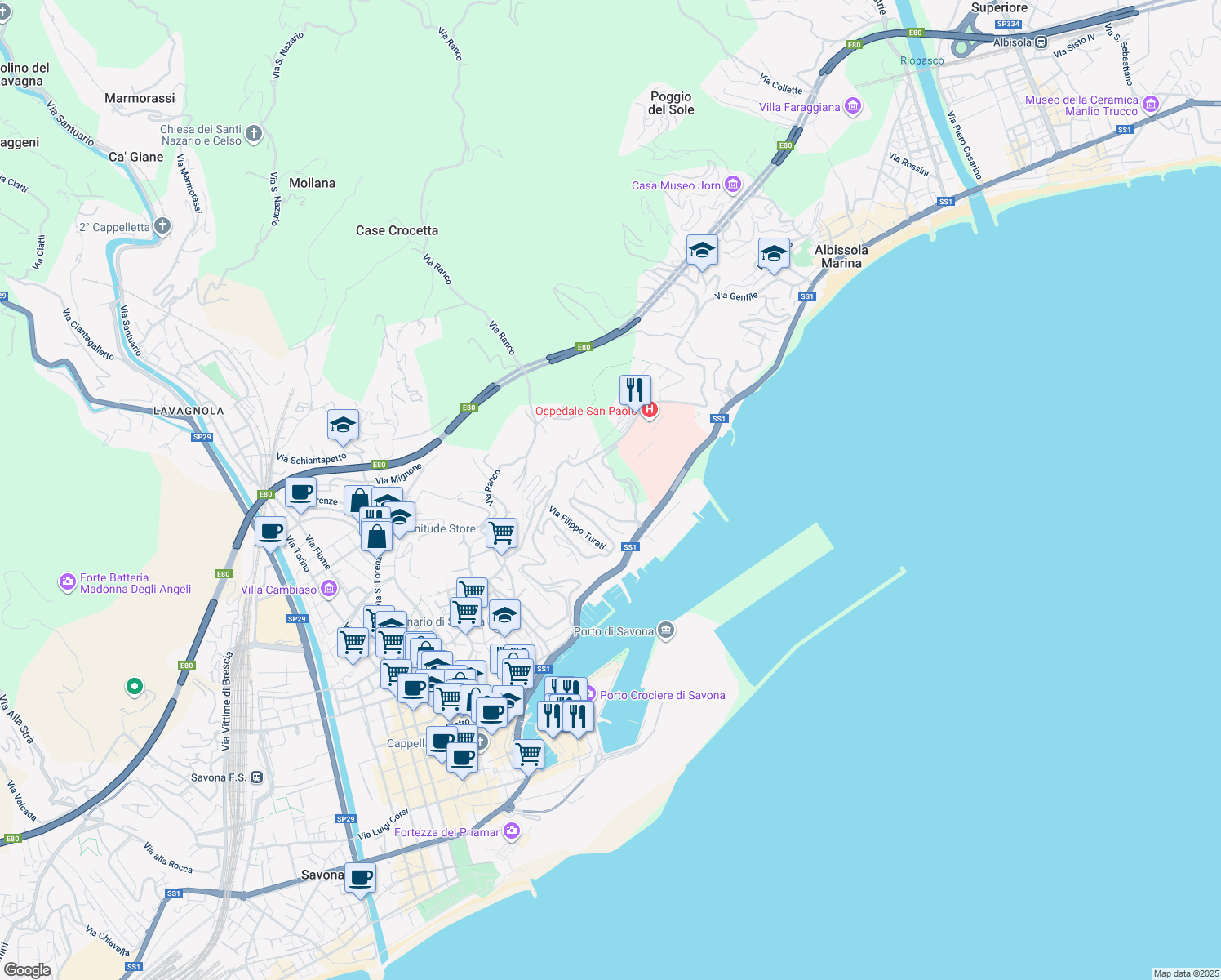 map of restaurants, bars, coffee shops, grocery stores, and more near 4/8 Via Privata Vistamare in Savona