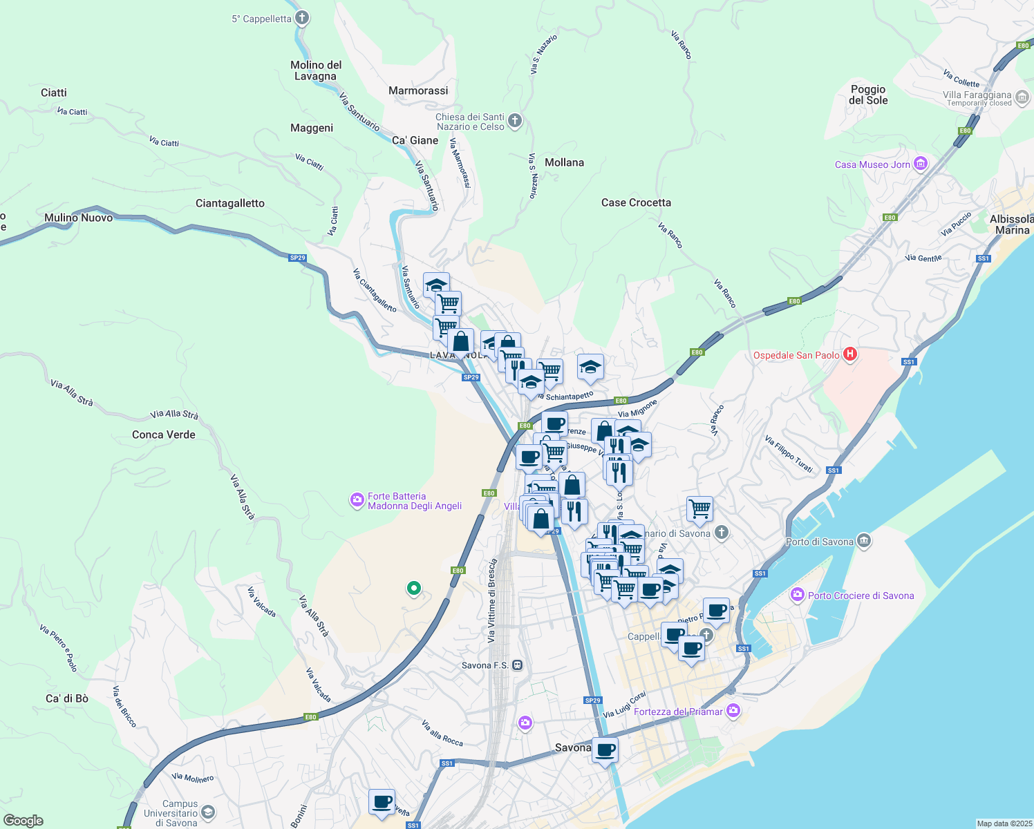 map of restaurants, bars, coffee shops, grocery stores, and more near 40 Corso Agostino Ricci in Savona