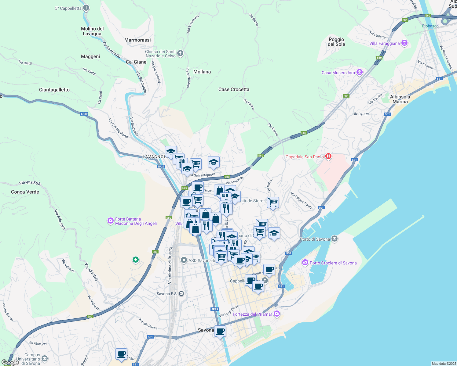 map of restaurants, bars, coffee shops, grocery stores, and more near Via Giobatta Cassinis in Savona