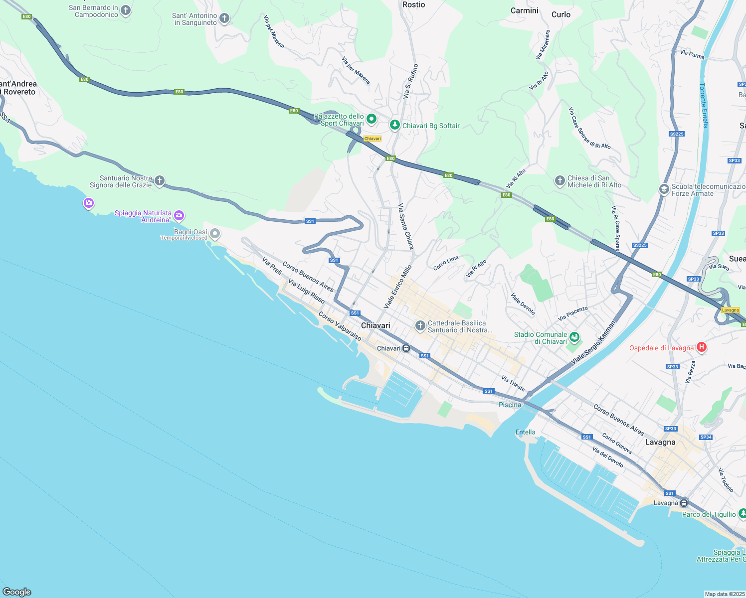 map of restaurants, bars, coffee shops, grocery stores, and more near 5 Via Trento in Chiavari
