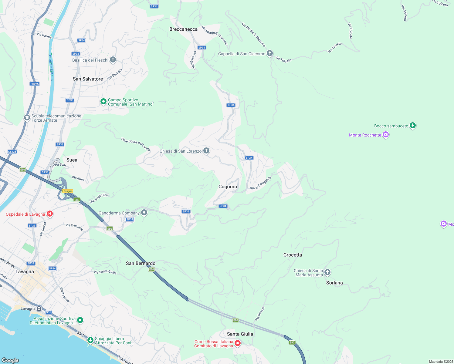 map of restaurants, bars, coffee shops, grocery stores, and more near 84 Via Benedetto Chiappe in Cogorno