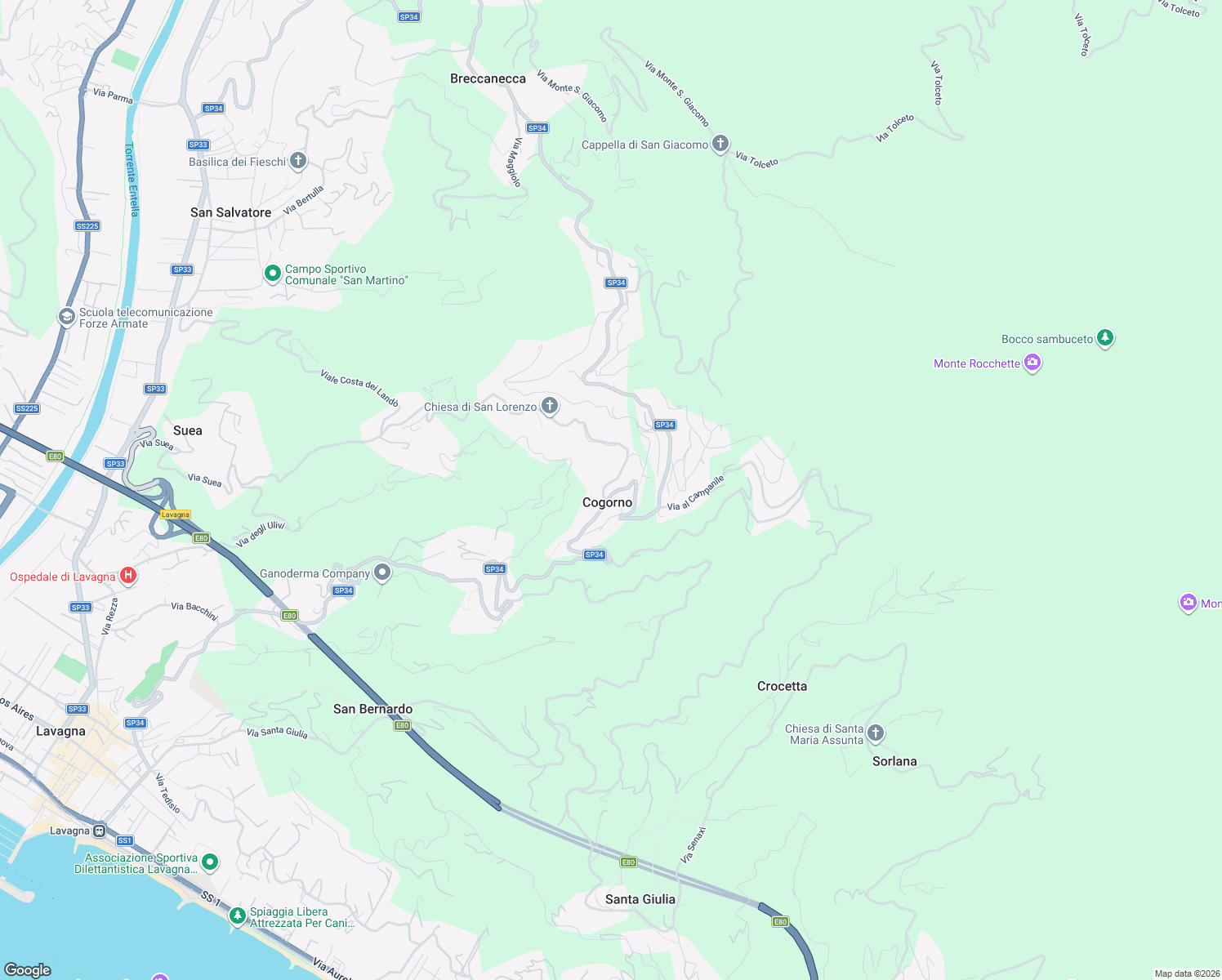 map of restaurants, bars, coffee shops, grocery stores, and more near 55-84 Via Benedetto Chiappe in Cogorno