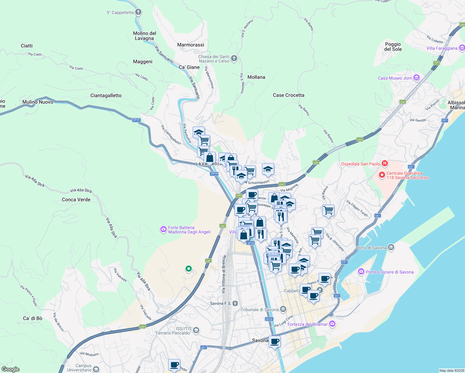 map of restaurants, bars, coffee shops, grocery stores, and more near 3 Via Destefanis in Savona