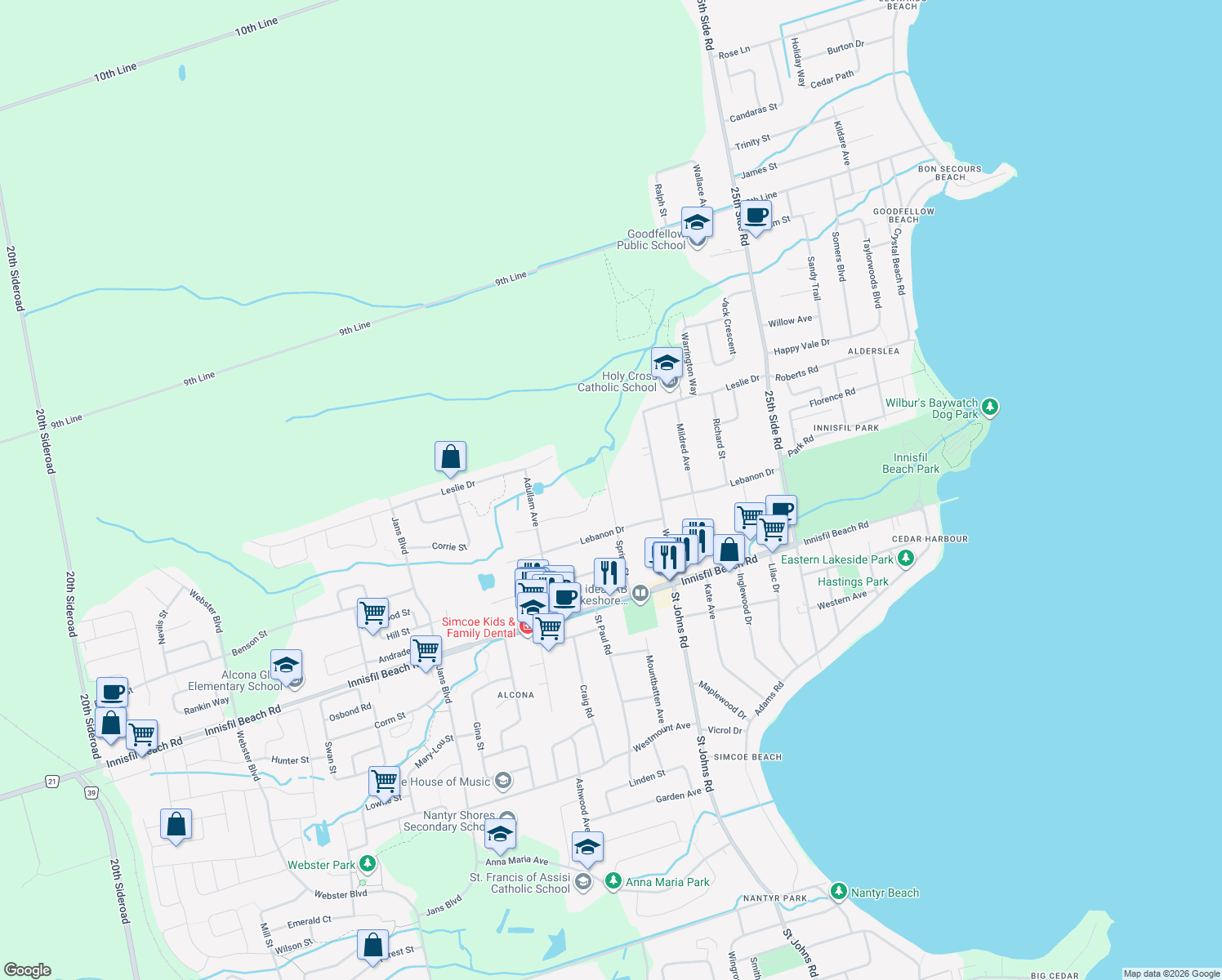 map of restaurants, bars, coffee shops, grocery stores, and more near 2203 Spring Street in Innisfil