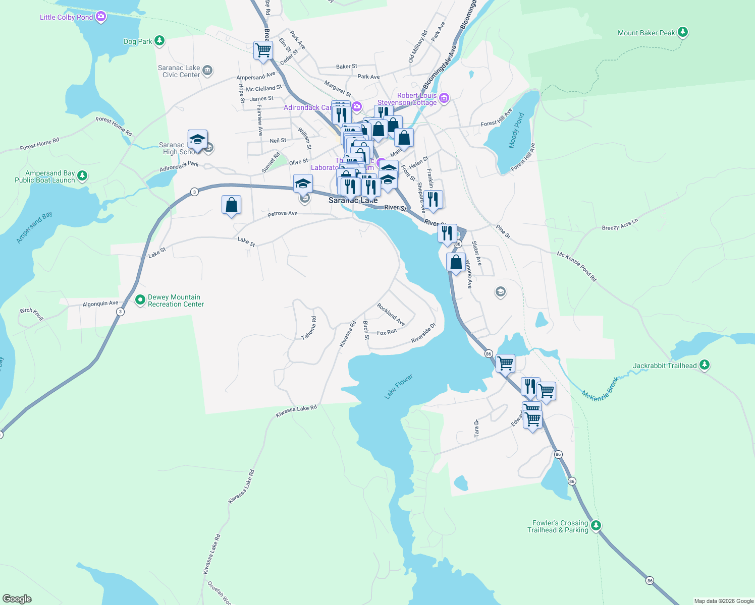map of restaurants, bars, coffee shops, grocery stores, and more near 23 Kiwassa Rd in Saranac Lake