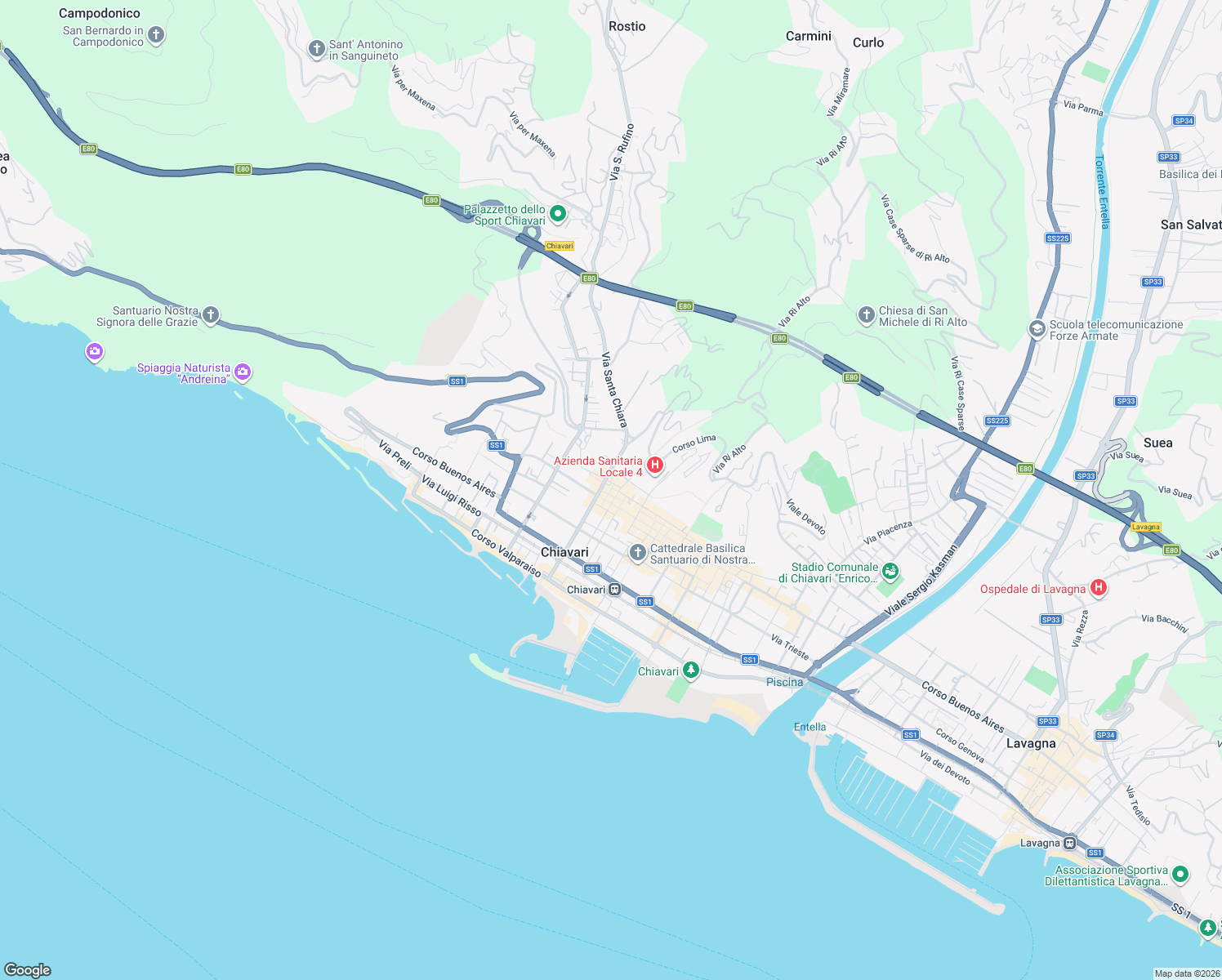 map of restaurants, bars, coffee shops, grocery stores, and more near 15 Via Rupinaro in Chiavari