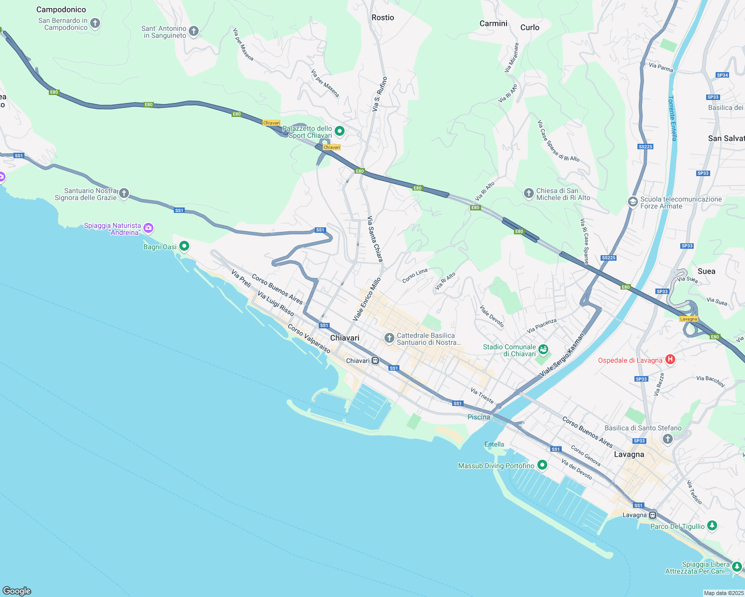 map of restaurants, bars, coffee shops, grocery stores, and more near 8 Piazza San Giacomo in Chiavari