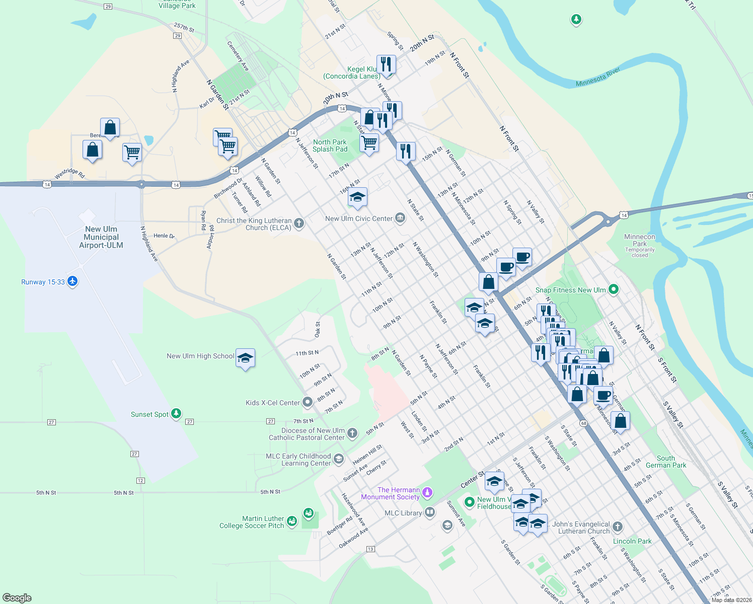 map of restaurants, bars, coffee shops, grocery stores, and more near 1011 N Payne St in New Ulm