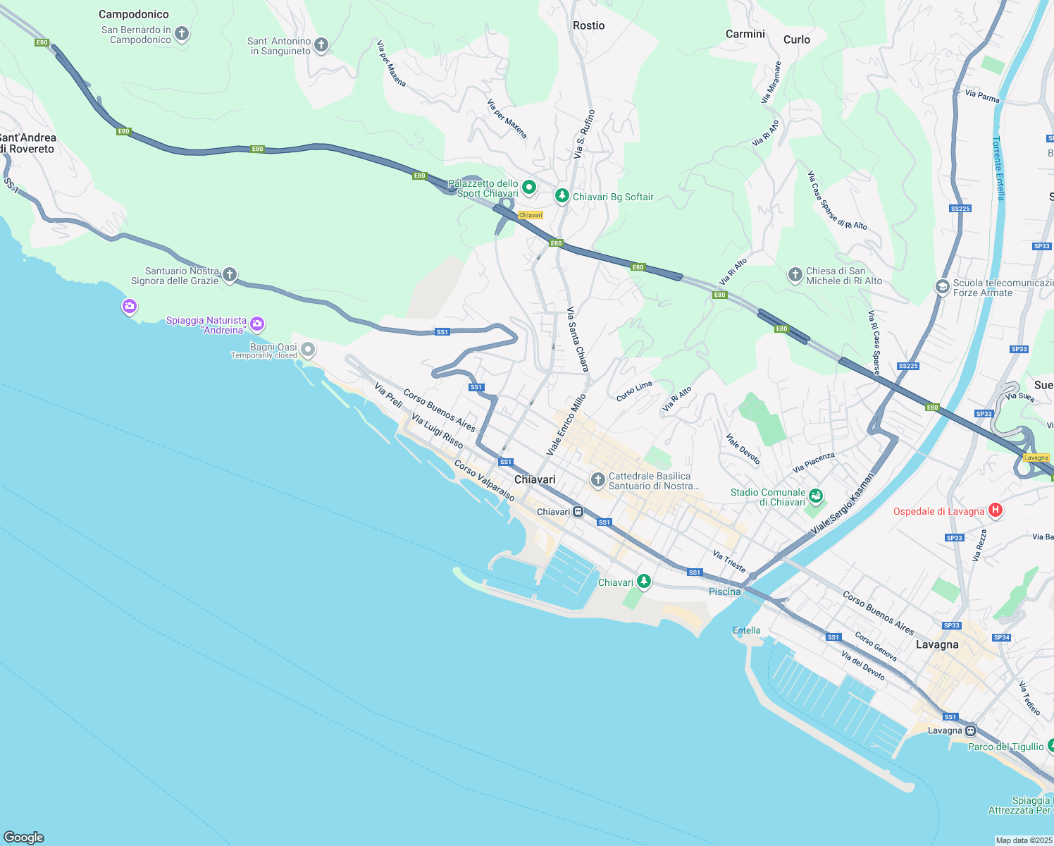 map of restaurants, bars, coffee shops, grocery stores, and more near 5 Via Trento in Chiavari