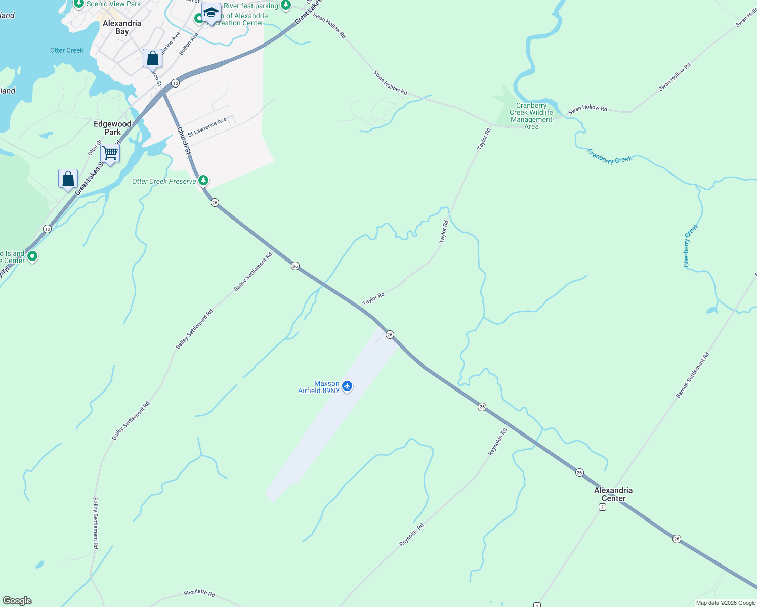 map of restaurants, bars, coffee shops, grocery stores, and more near 44978 Taylor Rd in Alexandria Bay