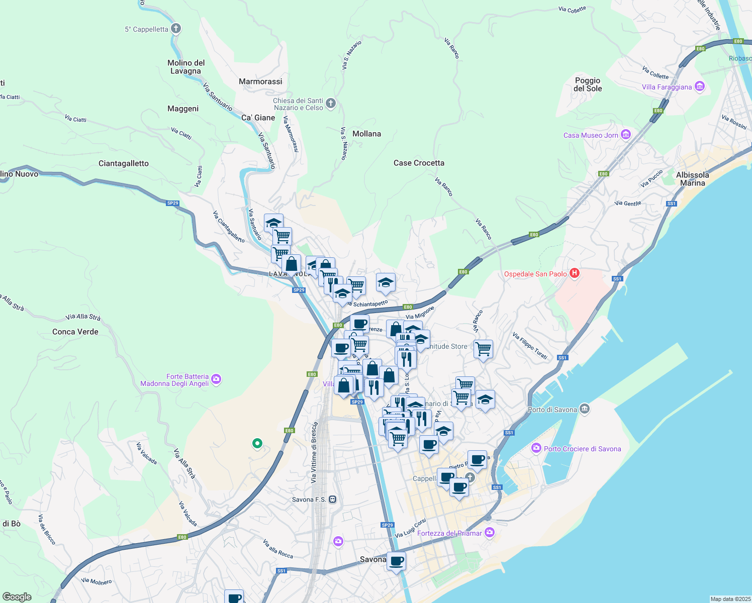 map of restaurants, bars, coffee shops, grocery stores, and more near 27 Via Schiantapetto in Savona