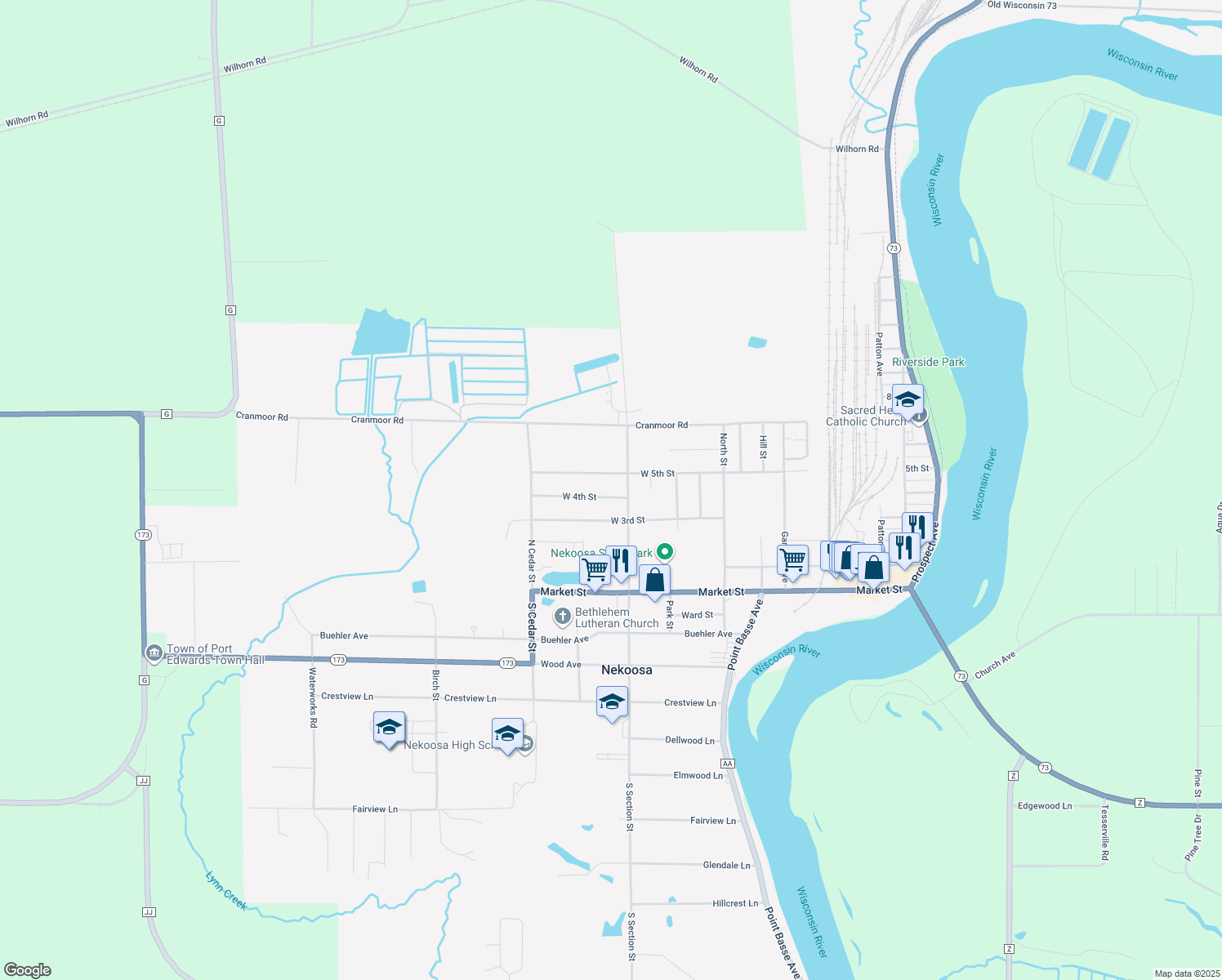 map of restaurants, bars, coffee shops, grocery stores, and more near 1012 W 4th St in Nekoosa