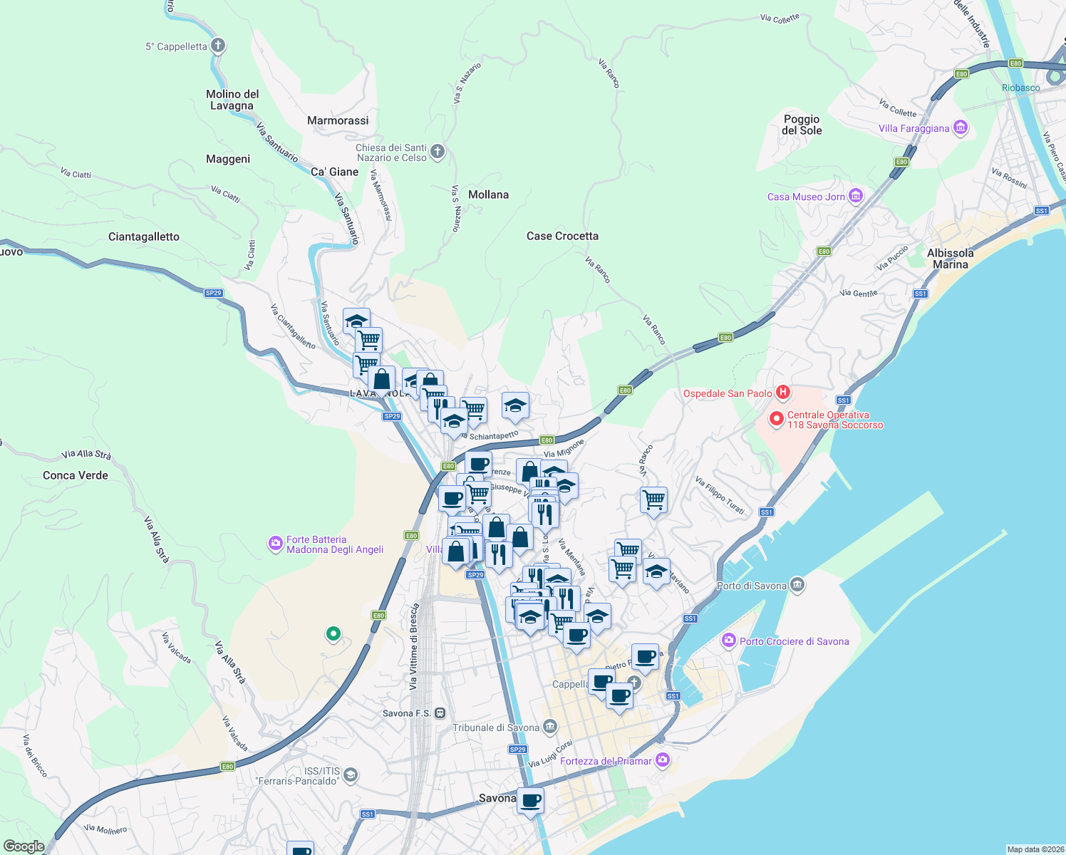 map of restaurants, bars, coffee shops, grocery stores, and more near 20 Via Rusca in Savona