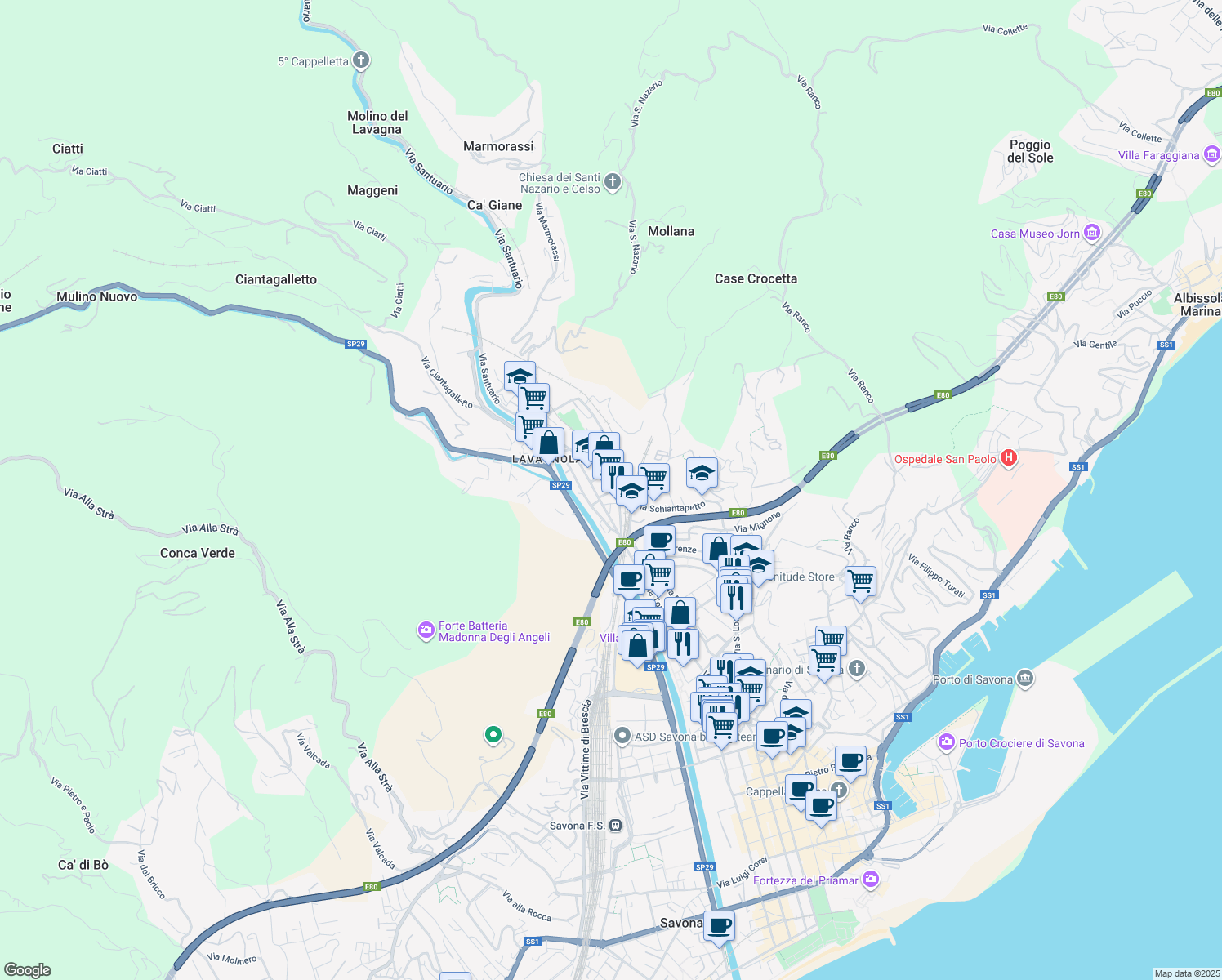 map of restaurants, bars, coffee shops, grocery stores, and more near 3 Via Destefanis in Savona