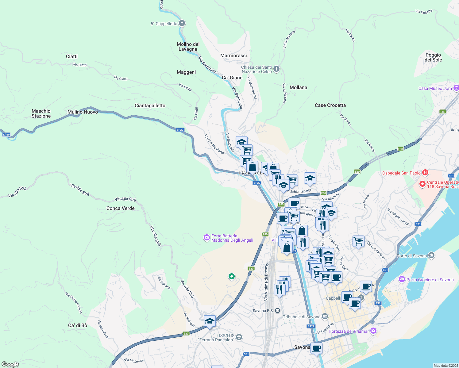 map of restaurants, bars, coffee shops, grocery stores, and more near 5 Via Nazionale Piemonte in Savona