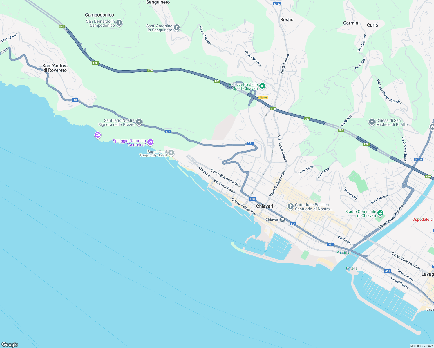 map of restaurants, bars, coffee shops, grocery stores, and more near Via Angelo Argiroffo in Chiavari