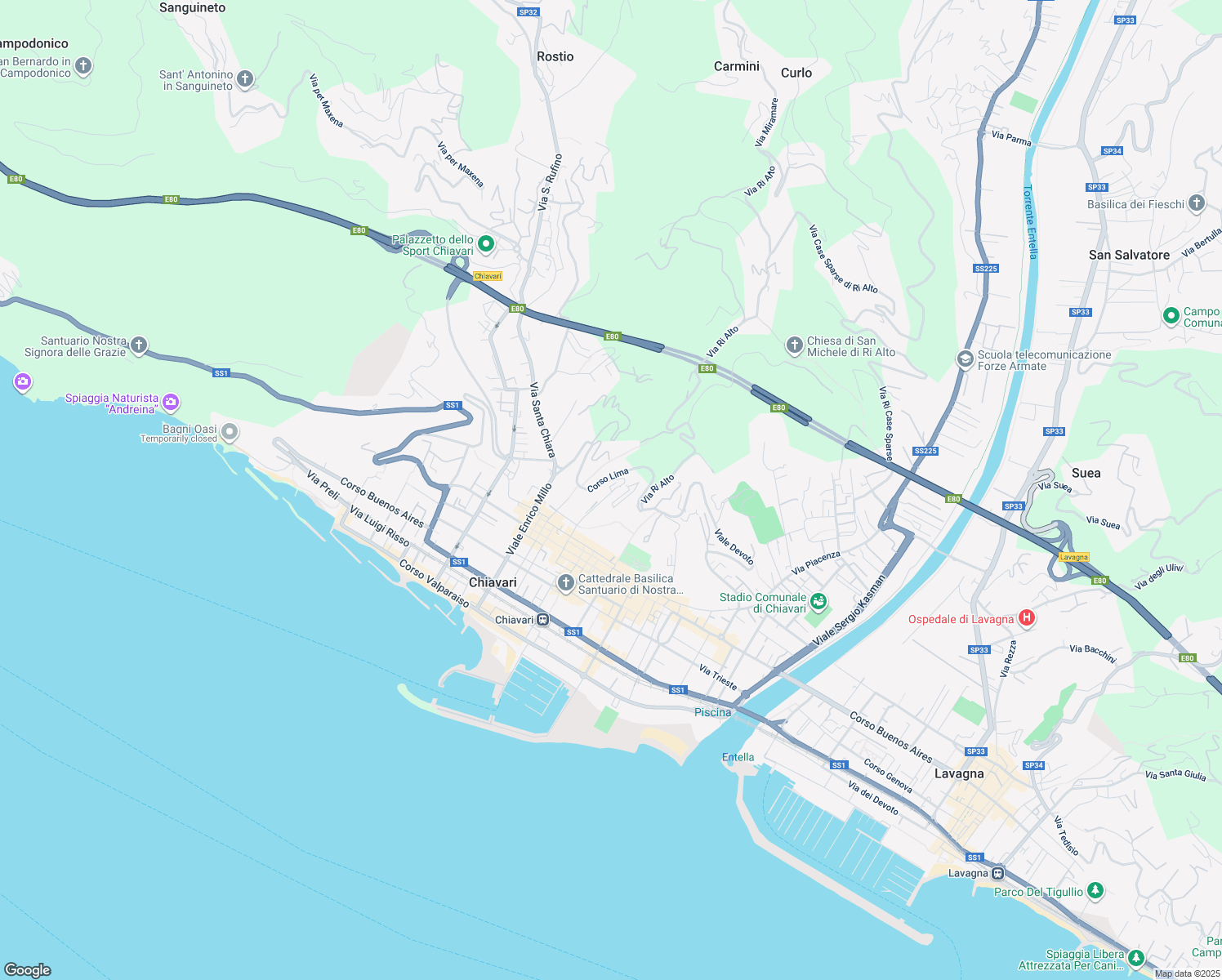 map of restaurants, bars, coffee shops, grocery stores, and more near 13 Via Gio Batta Ghio in Chiavari
