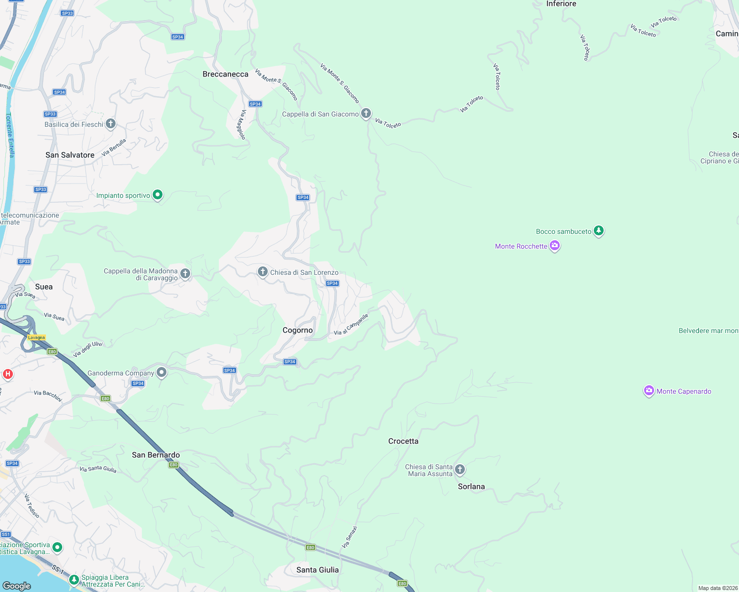 map of restaurants, bars, coffee shops, grocery stores, and more near 39 Via Costigliolo in Cogorno
